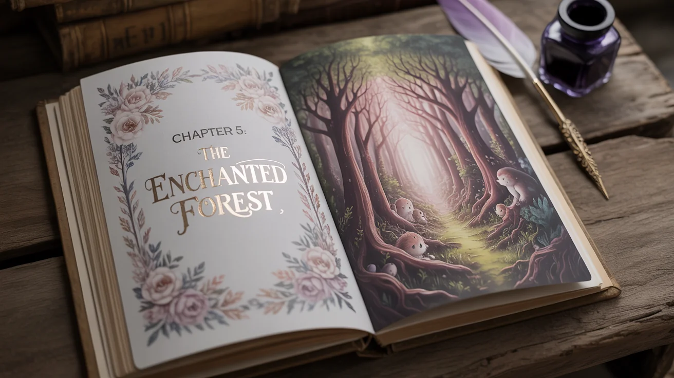 An open book on a wooden desk displaying a finished chapter page design. The left page has the title 'Chapter 5: The Enchanted Forest' in gold, and the right page shows a beautiful illustration of a forest.