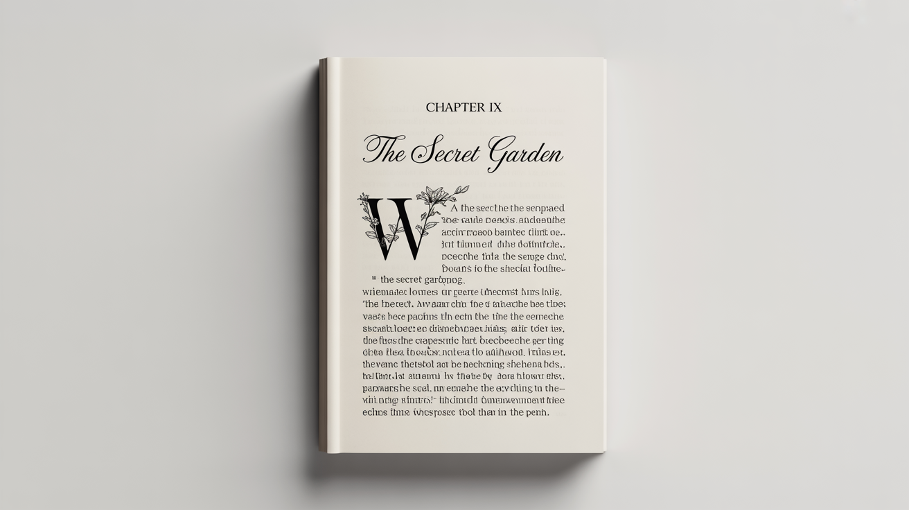 A close-up of a beautifully designed chapter page from a book, featuring the title 'Chapter IX: The Secret Garden' with elegant typography and a decorative drop cap, set against a plain white background.