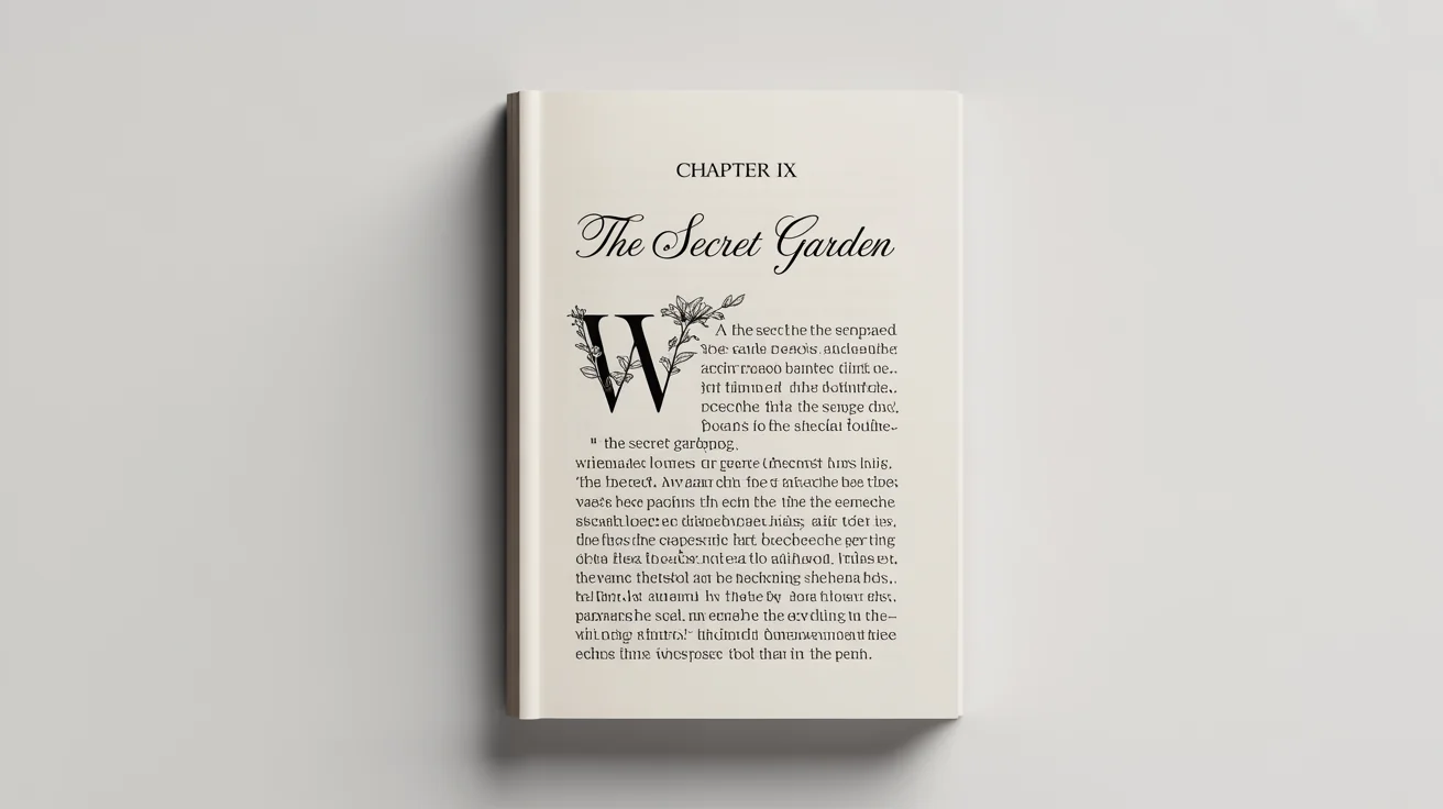 A close-up of a beautifully designed chapter page from a book, featuring the title 'Chapter IX: The Secret Garden' with elegant typography and a decorative drop cap, set against a plain white background.