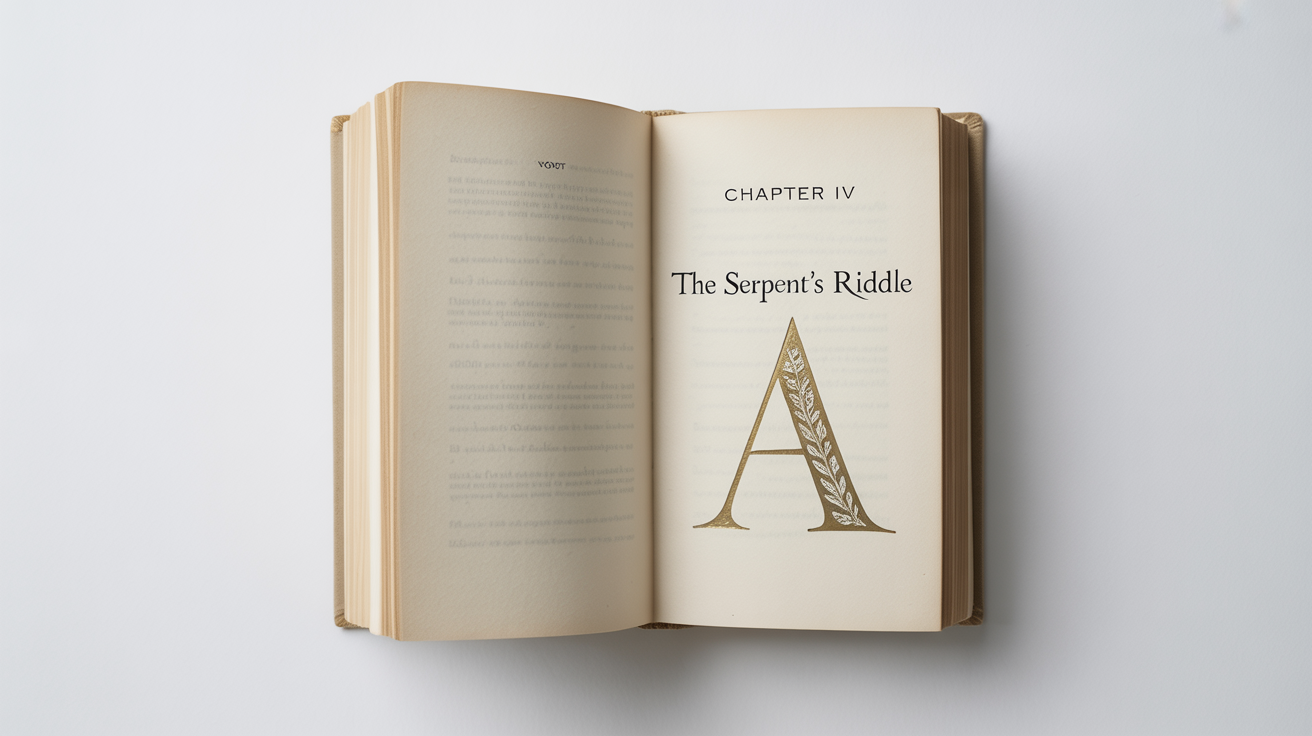 An open book on a white background, showing a professionally designed chapter page with the text 'Chapter IV' and the title 'The Serpent’s Riddle', featuring an ornate drop cap.