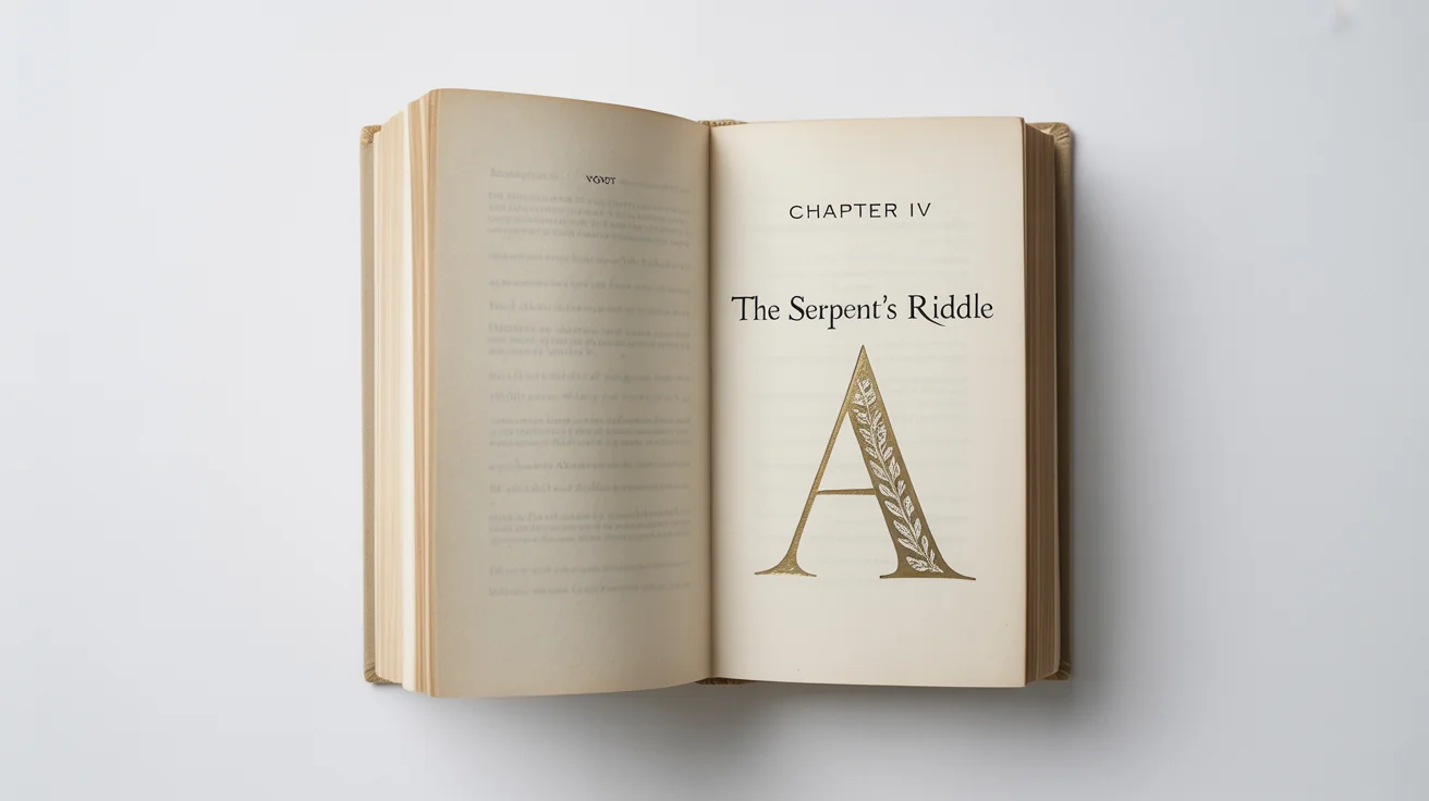 An open book on a white background, showing a professionally designed chapter page with the text 'Chapter IV' and the title 'The Serpent’s Riddle', featuring an ornate drop cap.