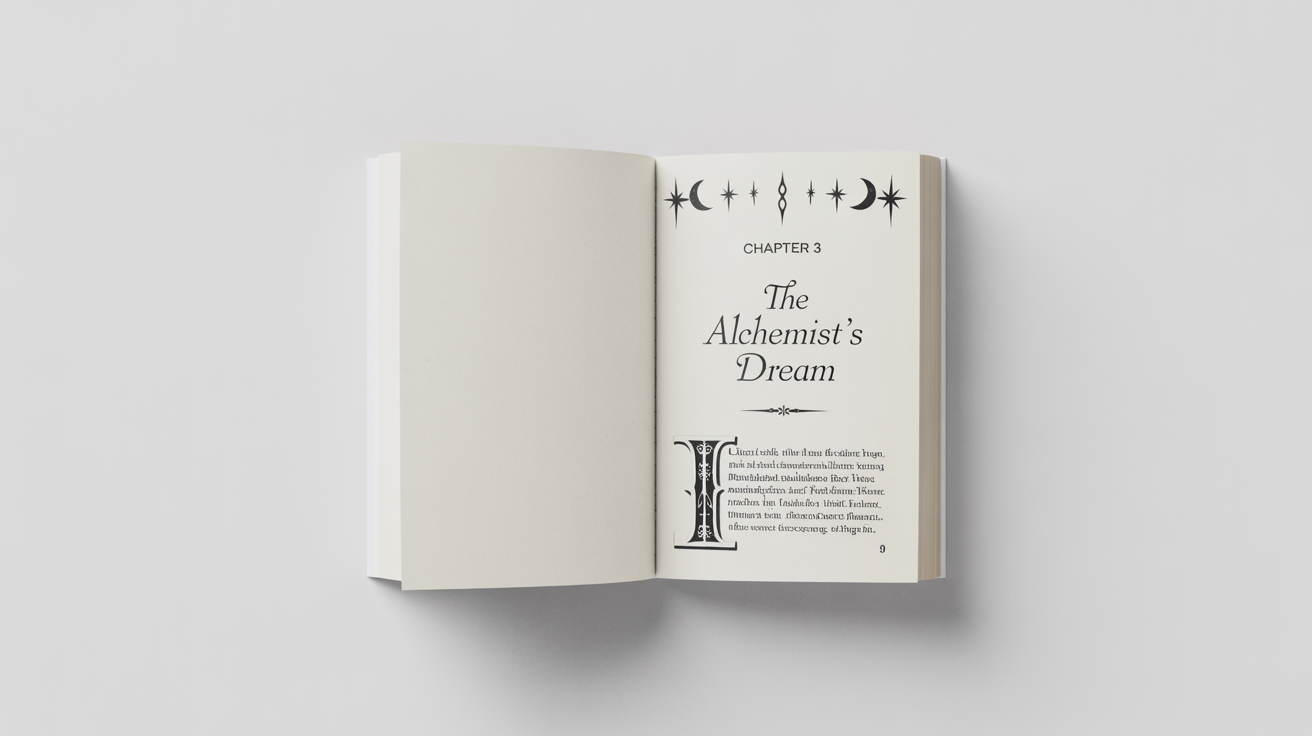 A photorealistic mockup of an open book on a white background, showing a well-designed chapter page titled 'Chapter 3: The Alchemist’s Dream'.