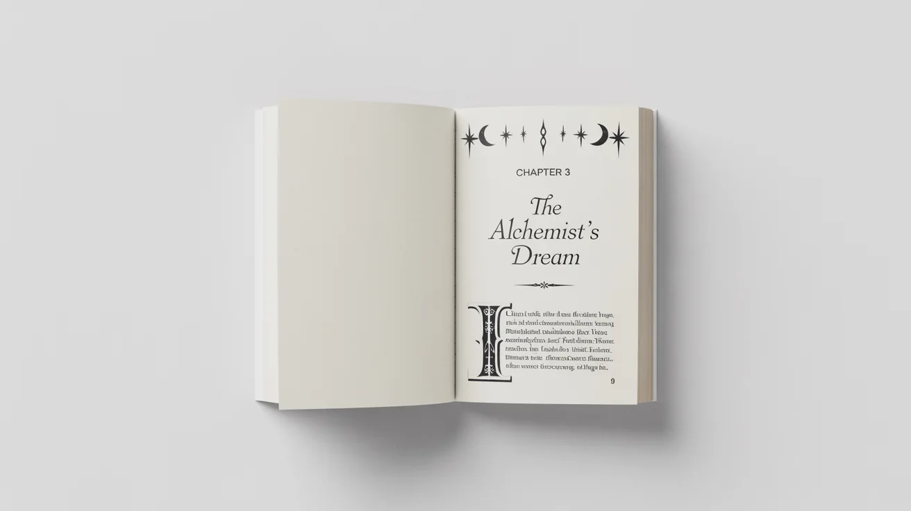 A photorealistic mockup of an open book on a white background, showing a well-designed chapter page titled 'Chapter 3: The Alchemist’s Dream'.