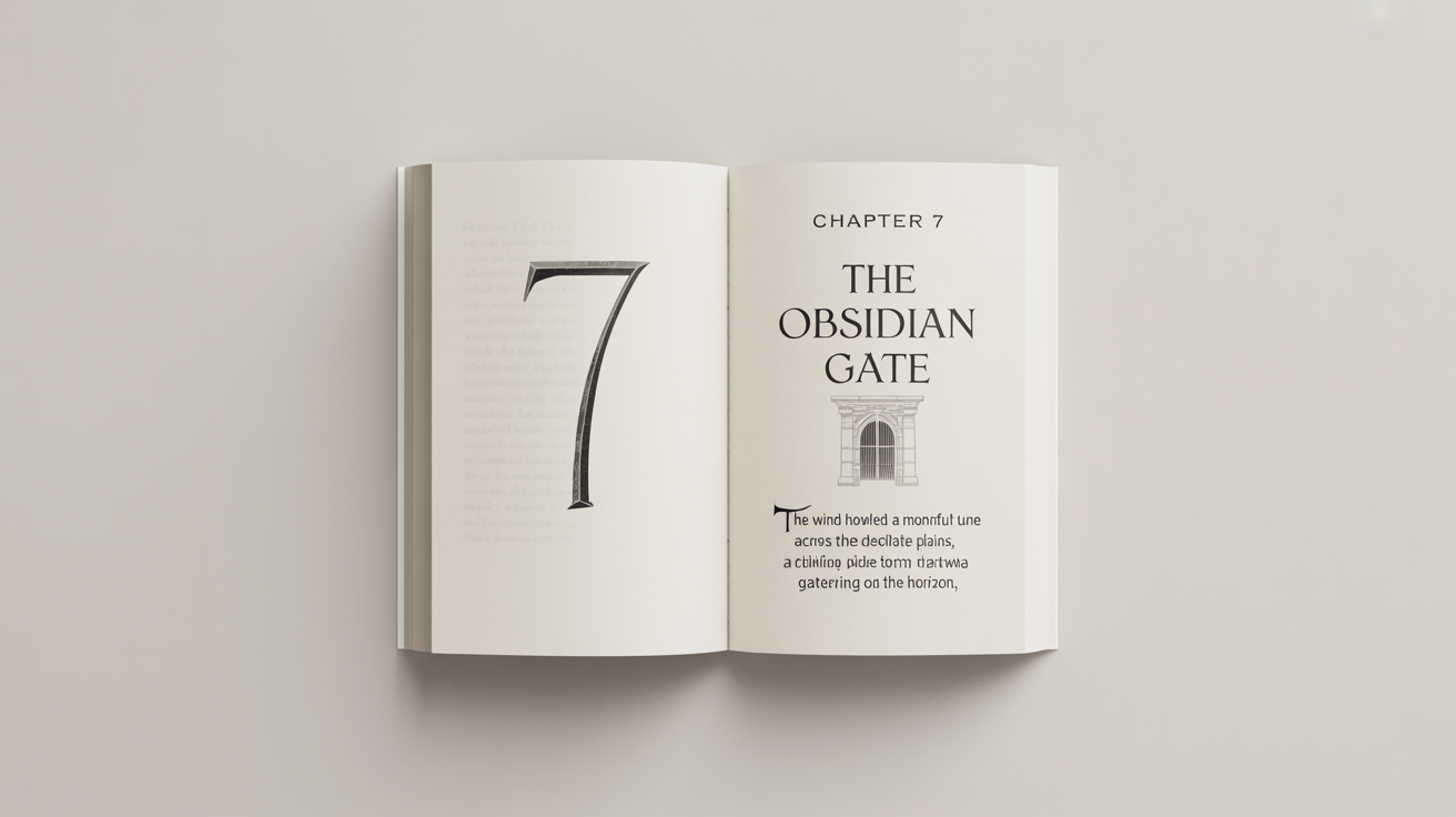 An overhead view of an open book on a white background, showcasing a professionally designed chapter page titled 'Chapter 7: The Obsidian Gate' with elegant typography and a small illustration.