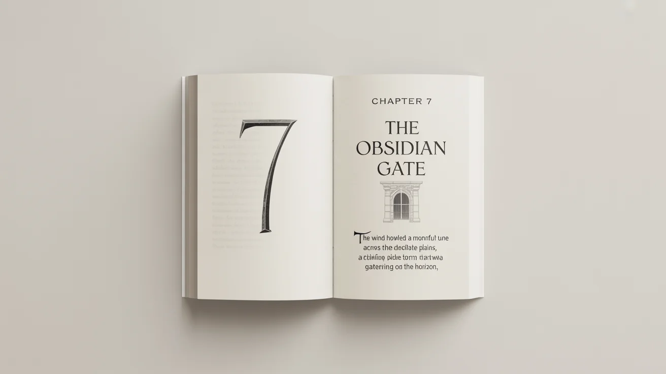An overhead view of an open book on a white background, showcasing a professionally designed chapter page titled 'Chapter 7: The Obsidian Gate' with elegant typography and a small illustration.