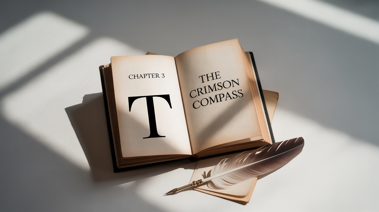 A photorealistic mockup of an open book on a white background, displaying a professionally designed chapter page that reads 'Chapter 3: The Crimson Compass'.