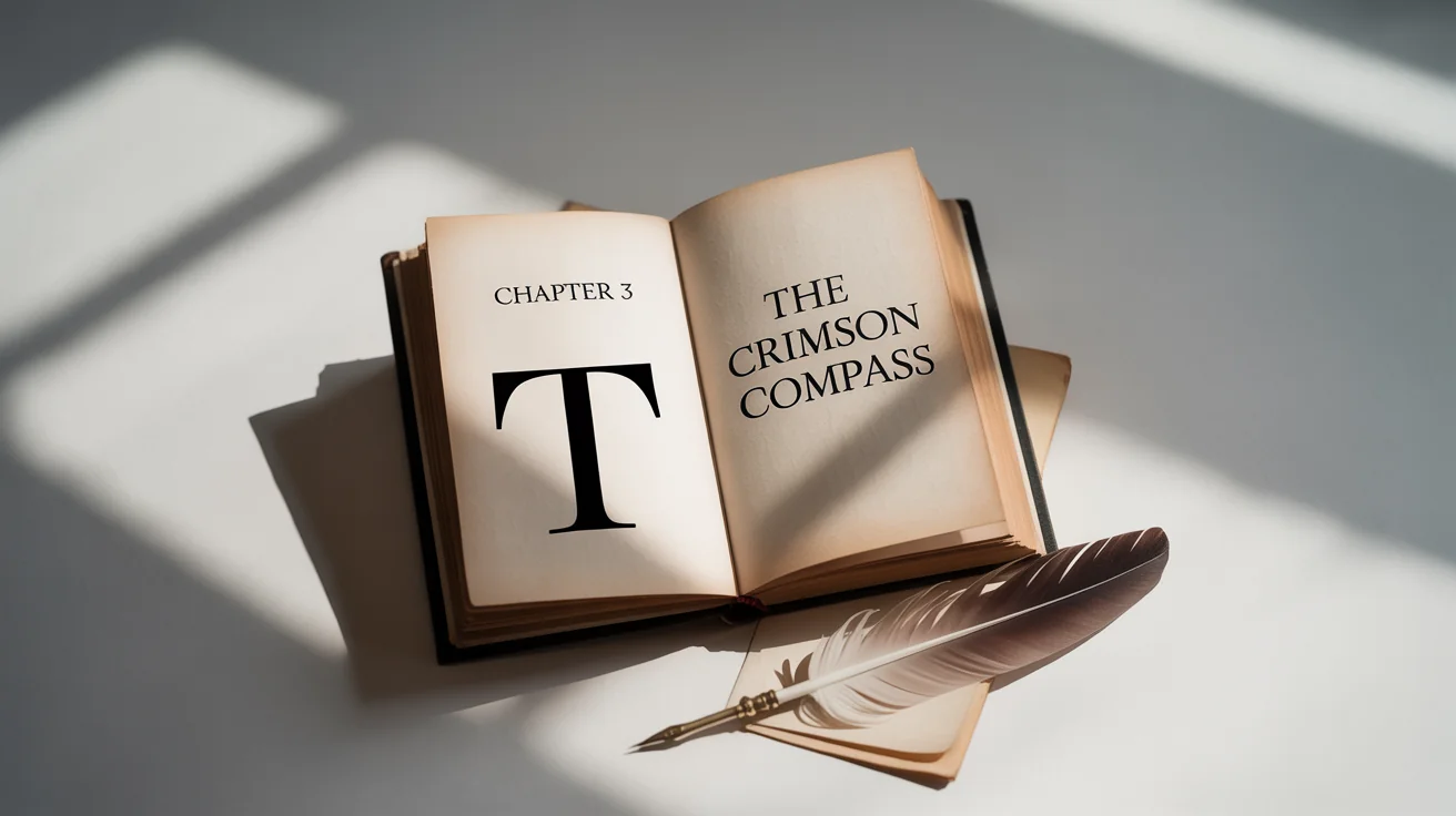 A photorealistic mockup of an open book on a white background, displaying a professionally designed chapter page that reads 'Chapter 3: The Crimson Compass'.