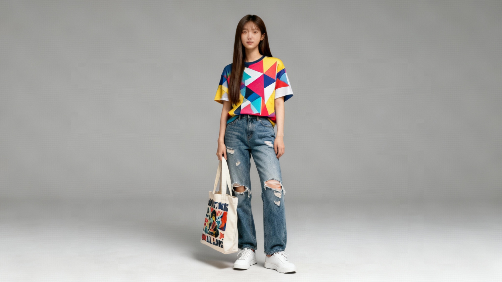 A full-body photograph of a woman modeling a custom graphic t-shirt and holding a custom-printed tote bag in a professional studio setting.