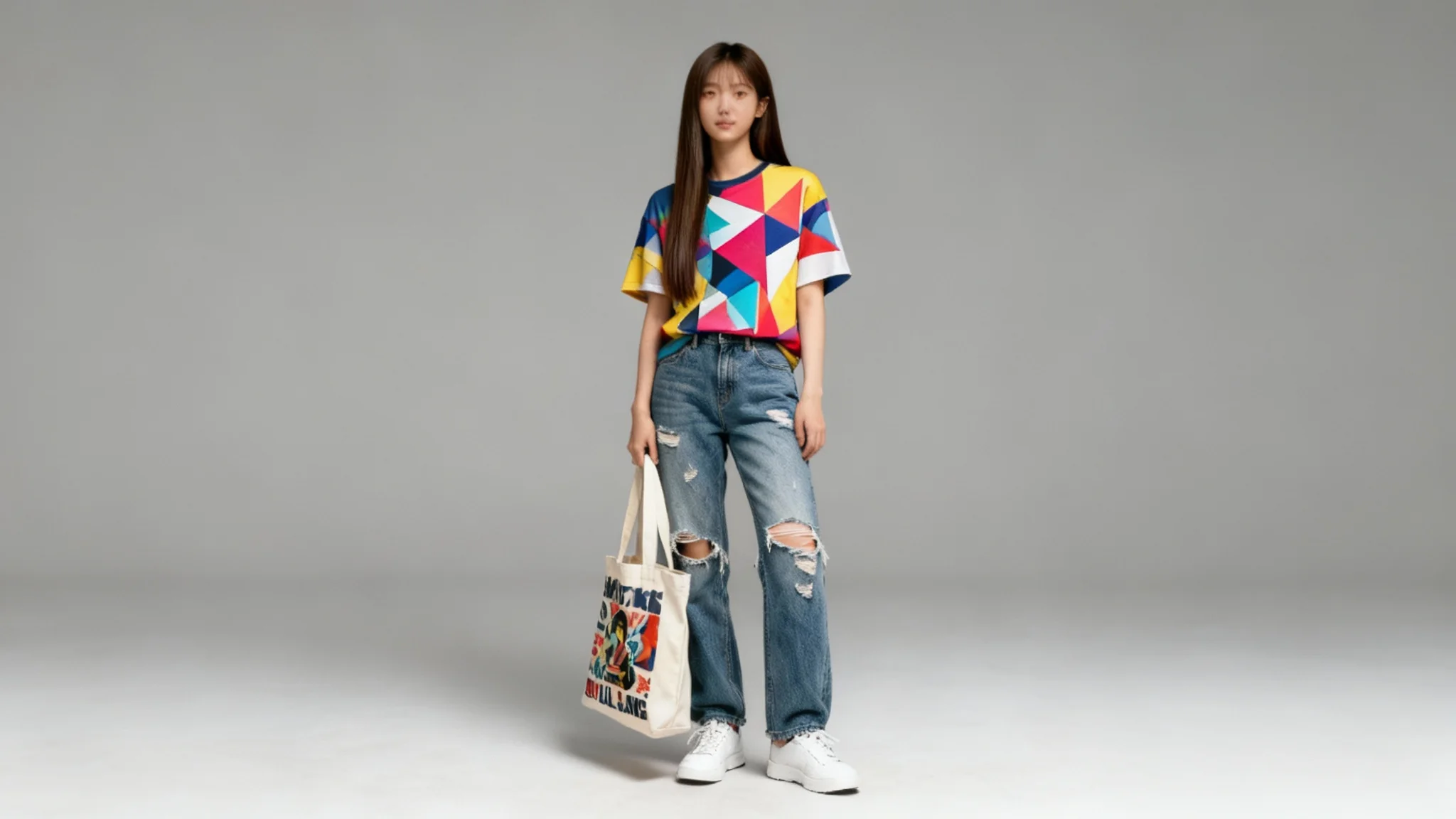 A full-body photograph of a woman modeling a custom graphic t-shirt and holding a custom-printed tote bag in a professional studio setting.