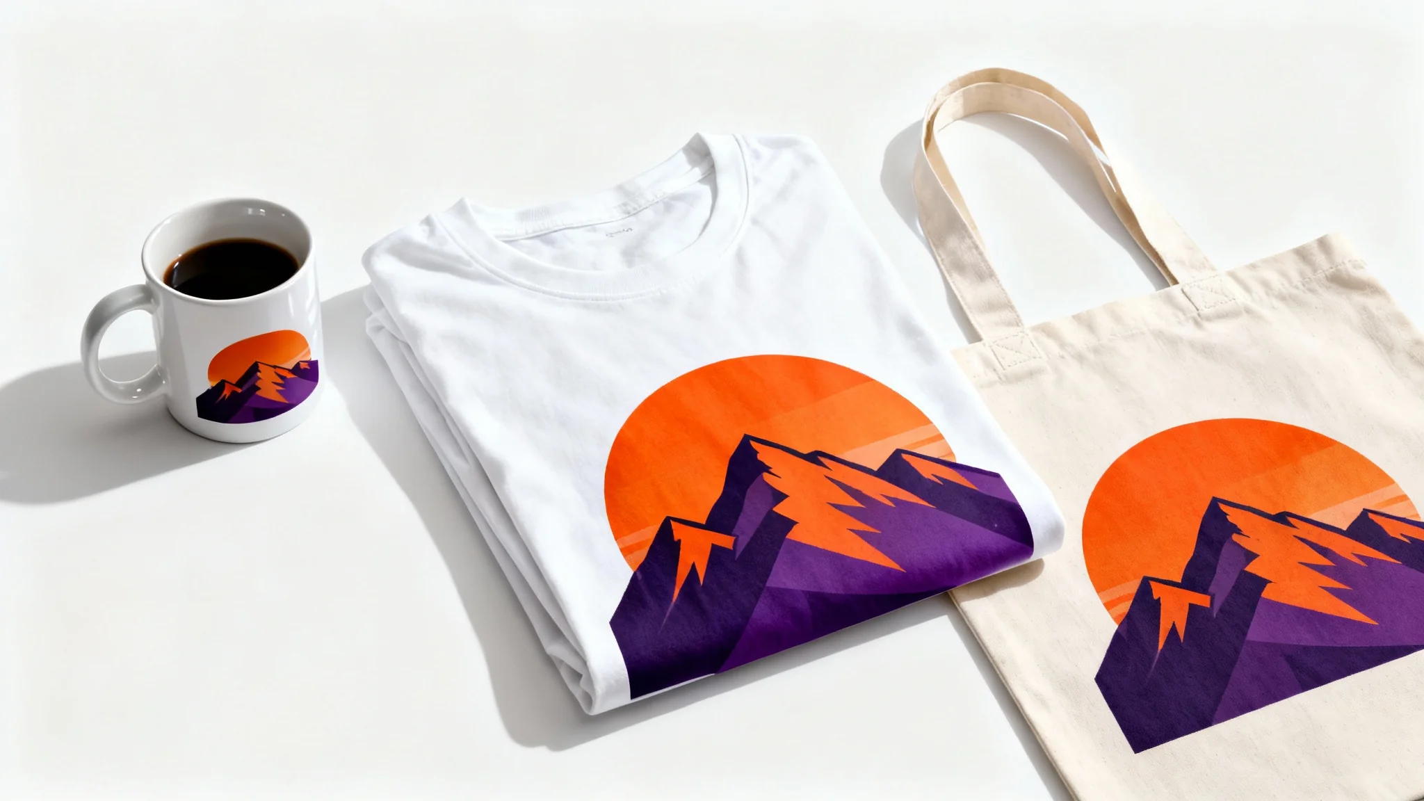 A collection of print-on-demand mockup items, including a t-shirt, mug, and tote bag, all featuring a stylized mountain sunset graphic, arranged neatly on a clean white background.