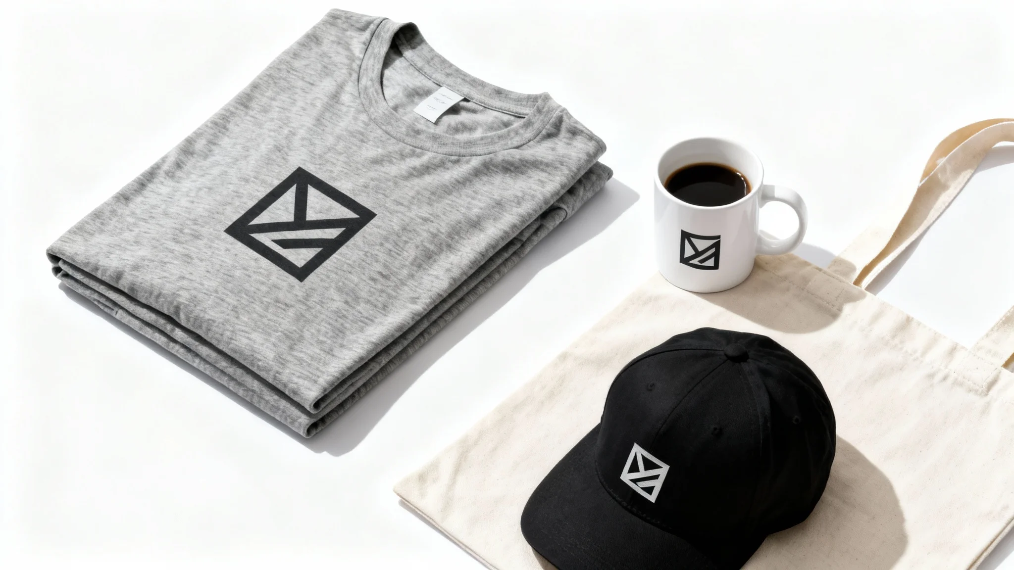 A flat lay arrangement of print-on-demand mockup products, including a t-shirt, mug, tote bag, and cap, displayed on a clean white background.