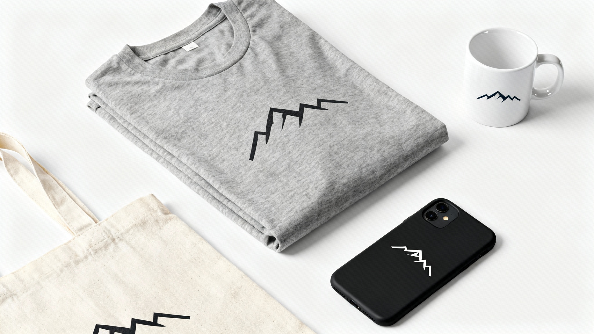 A collection of print-on-demand mockup products, including a t-shirt, mug, tote bag, and phone case, all featuring a matching minimalist mountain graphic, arranged on a clean white background.