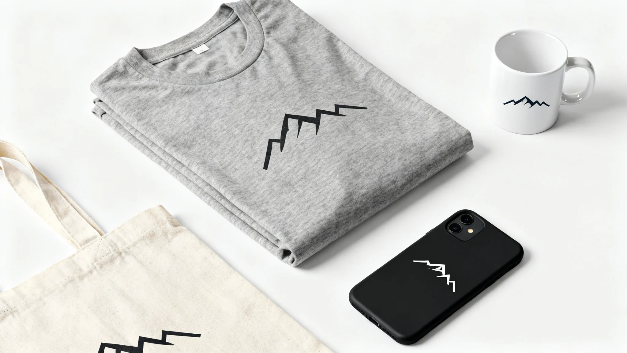A collection of print-on-demand mockup products, including a t-shirt, mug, tote bag, and phone case, all featuring a matching minimalist mountain graphic, arranged on a clean white background.