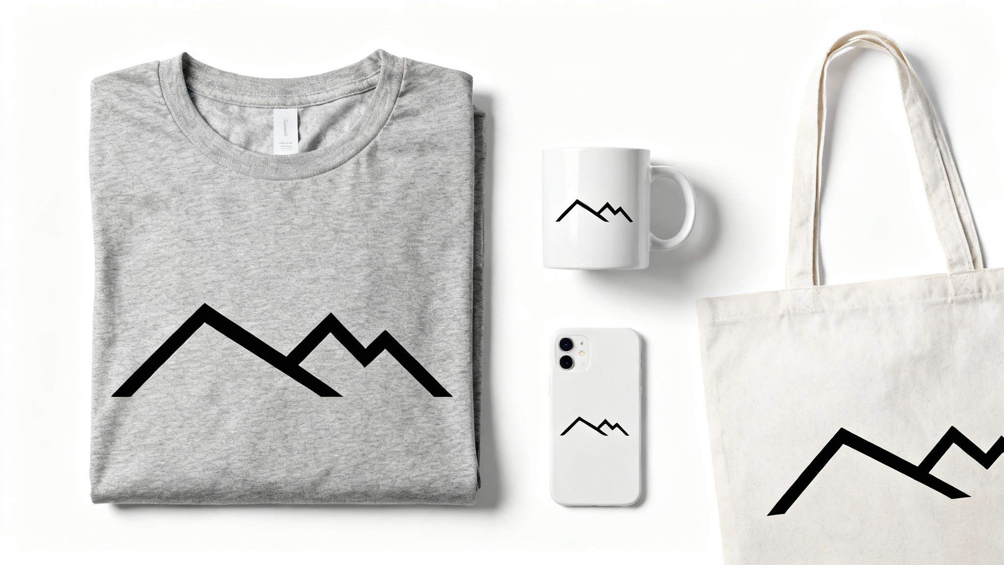 A collection of print-on-demand products, including a t-shirt, mug, and tote bag, all featuring a matching modern graphic design, arranged neatly on a white background.