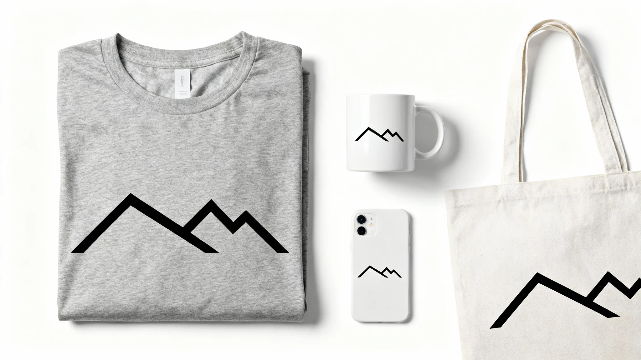 A collection of print-on-demand products, including a t-shirt, mug, and tote bag, all featuring a matching modern graphic design, arranged neatly on a white background.