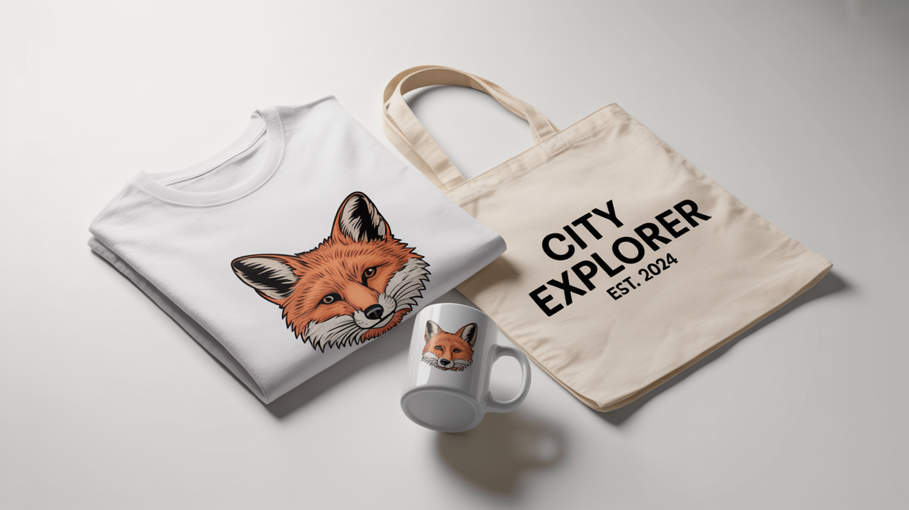 A clean product mockup of various print-on-demand items, including a t-shirt with a fox graphic, a mug, and a tote bag, arranged neatly on a white background.