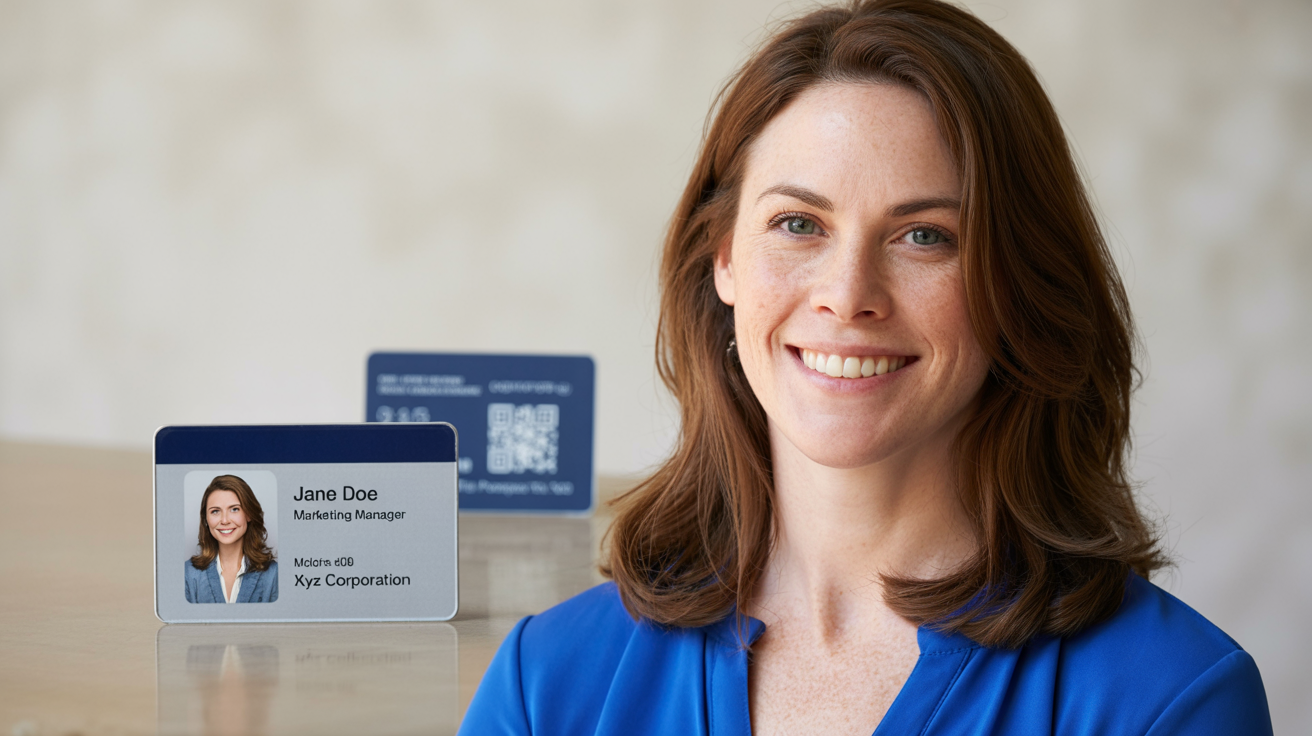A professional mockup of a horizontal corporate ID card for Jane Doe, a Marketing Manager at XYZ Corporation, displayed on a clean office desk.
