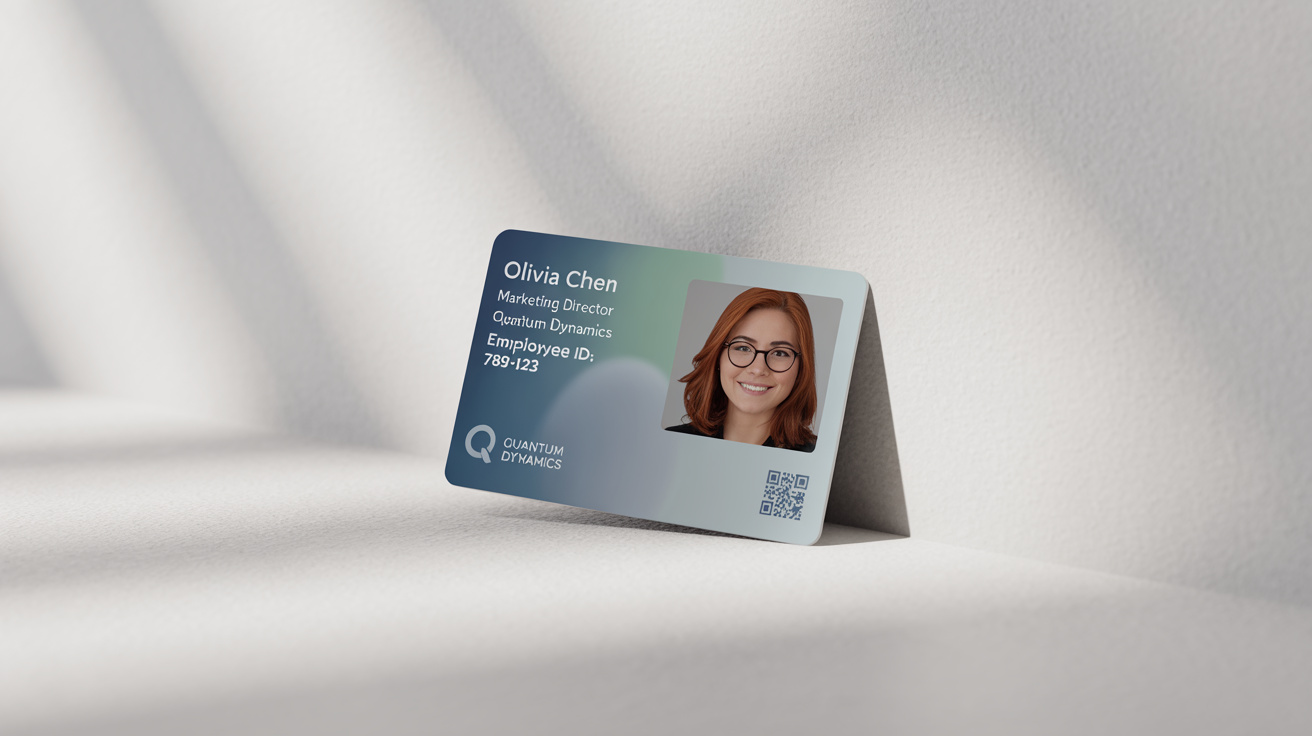 A professional mockup of a horizontal company ID card for 'Quantum Dynamics', featuring an employee photo and details, displayed on a clean white background.