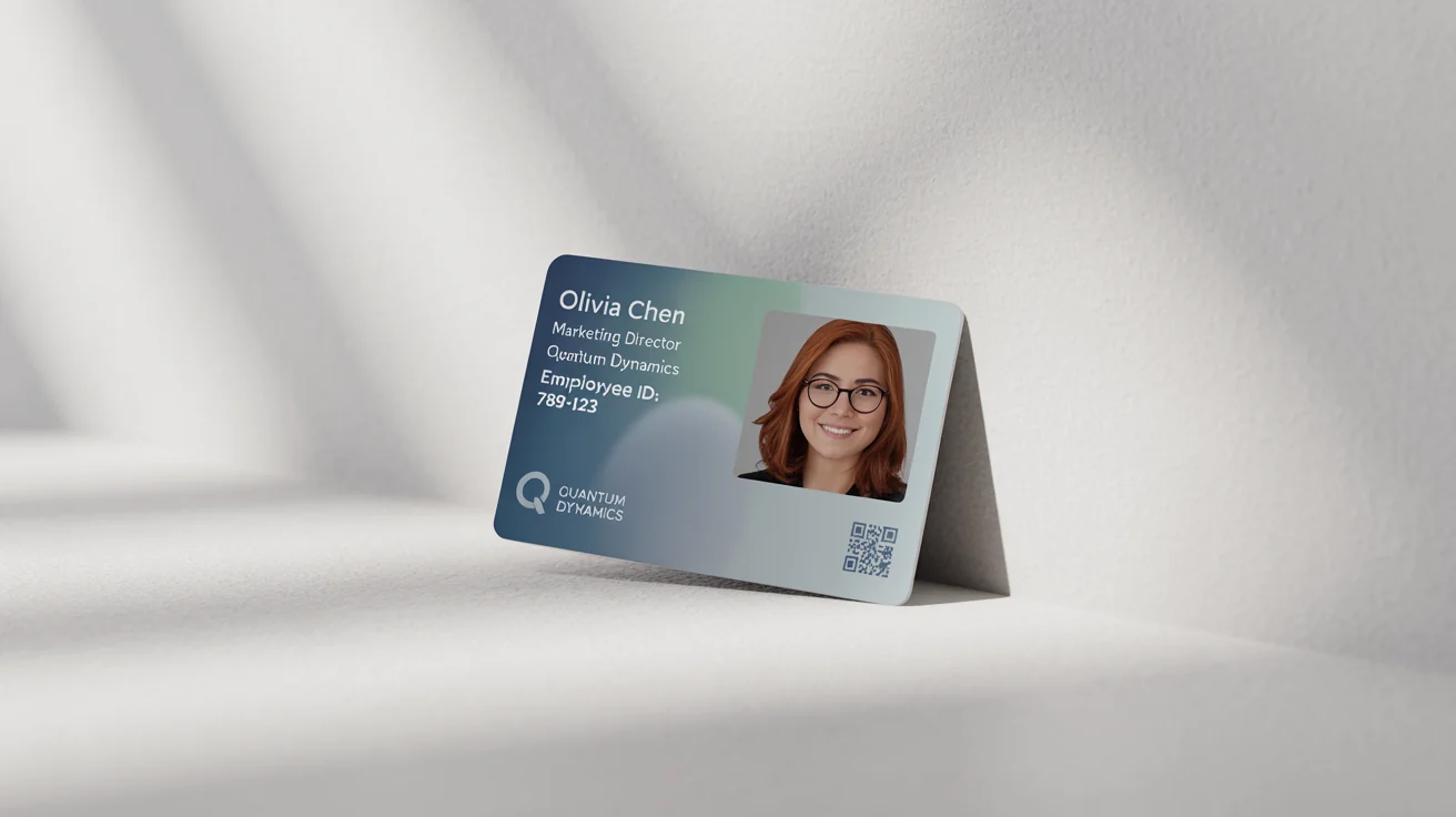 A professional mockup of a horizontal company ID card for 'Quantum Dynamics', featuring an employee photo and details, displayed on a clean white background.