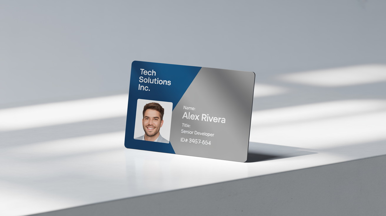 A professional mockup of a horizontal corporate ID card for 'Tech Solutions Inc.' featuring an employee photo and details, set against a plain white background.
