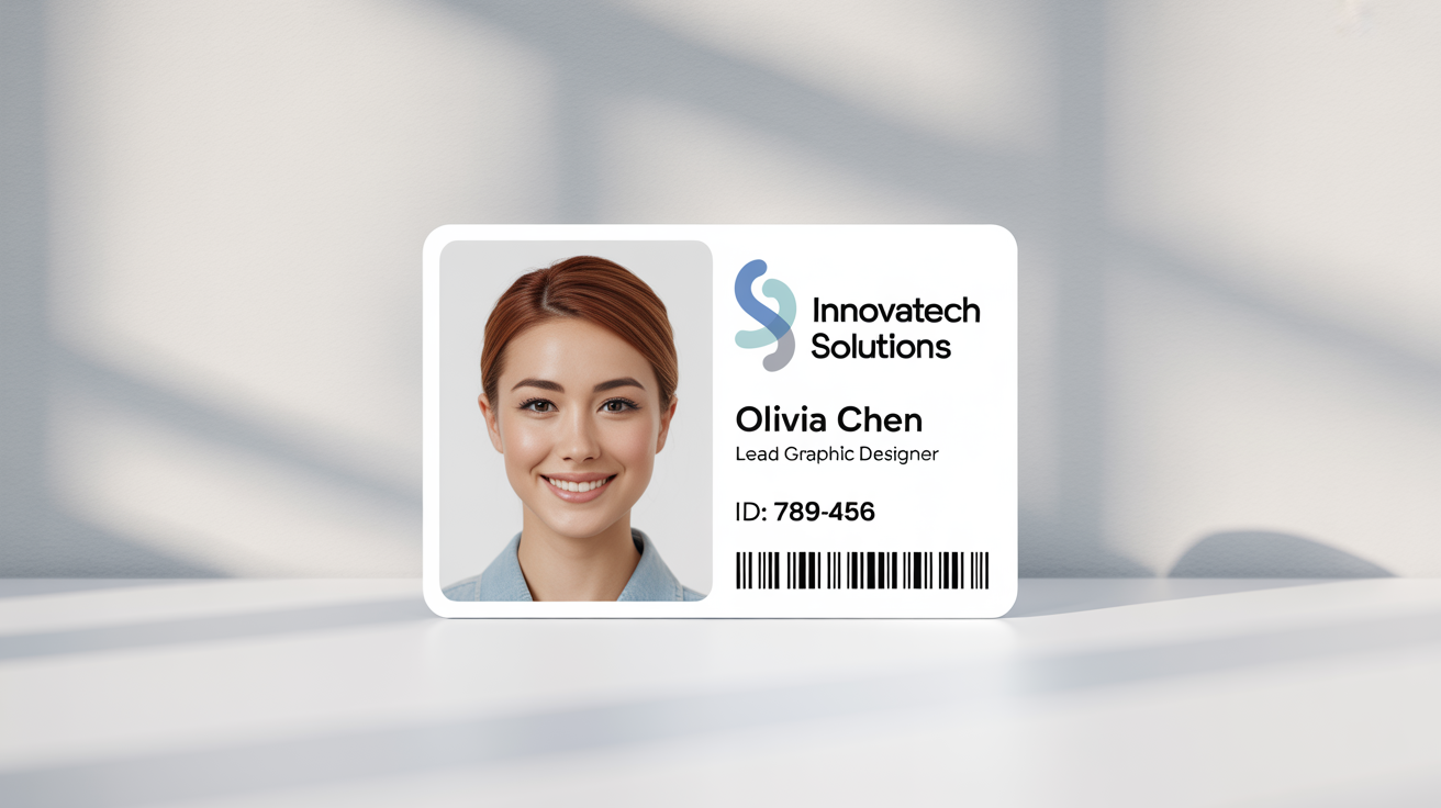 A photorealistic mockup of a modern, horizontal employee ID card for 'Innovatech Solutions', featuring an employee photo, name, title, and ID number, set against a plain white background.
