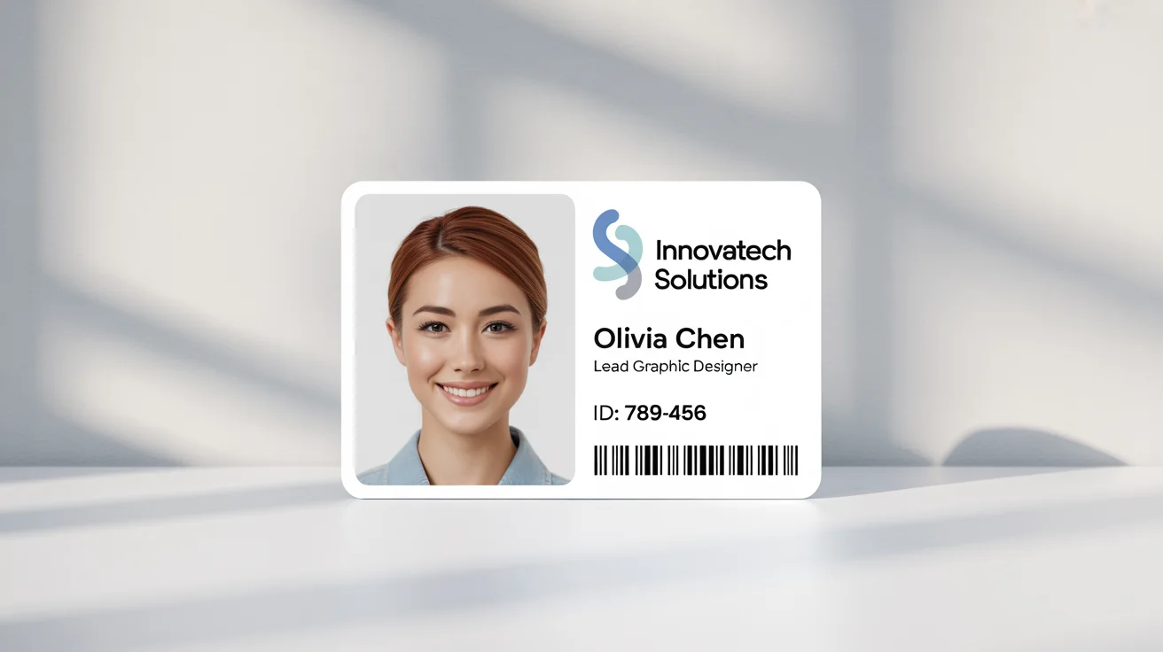 A photorealistic mockup of a modern, horizontal employee ID card for 'Innovatech Solutions', featuring an employee photo, name, title, and ID number, set against a plain white background.