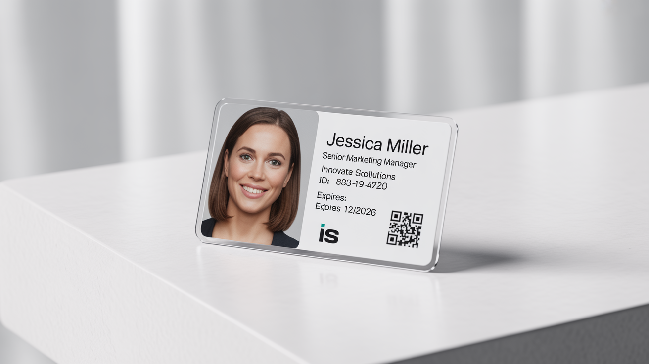 A photorealistic mockup of a horizontal employee ID card for 'Innovate Solutions', featuring a photo and the name 'Jessica Miller', all set against a clean white background.