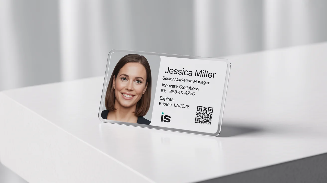 A photorealistic mockup of a horizontal employee ID card for 'Innovate Solutions', featuring a photo and the name 'Jessica Miller', all set against a clean white background.