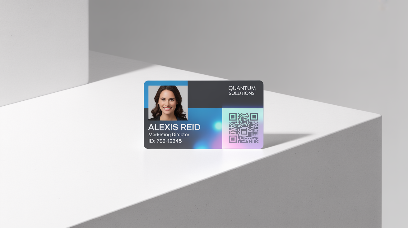 A professional mockup of a horizontal company ID card for 'Quantum Solutions', showing a photo of an employee named 'Alexis Reid' against a clean white background.