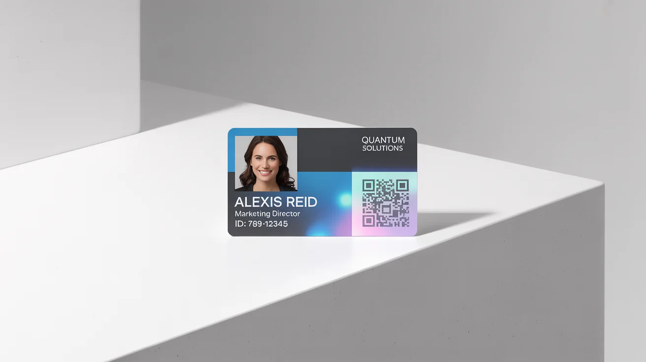 A professional mockup of a horizontal company ID card for 'Quantum Solutions', showing a photo of an employee named 'Alexis Reid' against a clean white background.