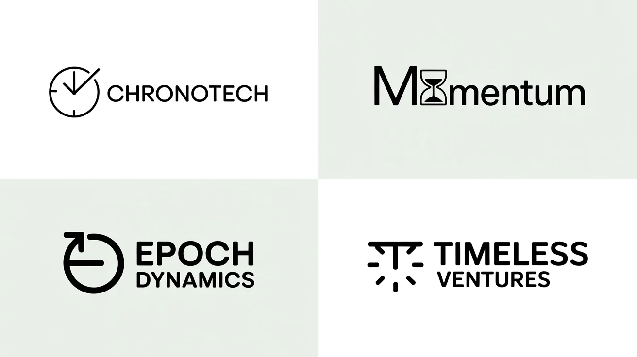 A collection of four modern, professional logos based on the theme of time, cleanly arranged in a grid.