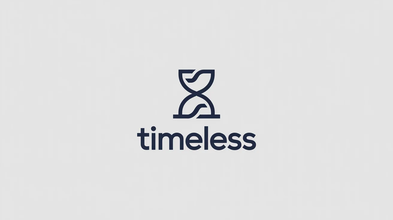 A modern logo for a brand called 'Timeless'. The logo features a minimalist, navy blue icon resembling a stylized hourglass and infinity symbol, with the brand name below it on a white background.