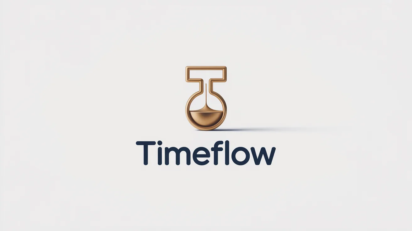 A minimalist logo for a company named 'TimeFlow', featuring an abstract hourglass integrated with the letter 'T' in navy blue and gold, displayed on a white background.