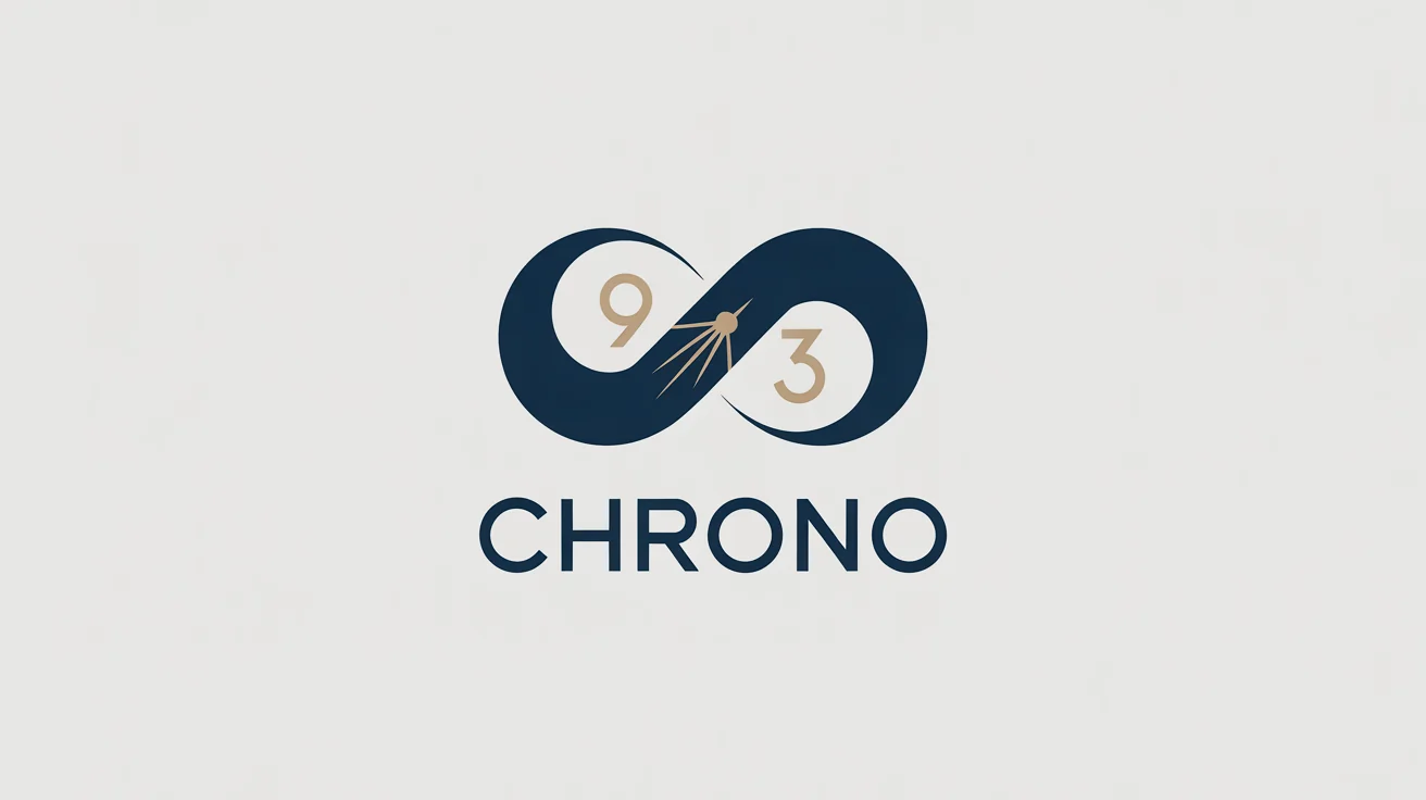 A minimalist logo about time, featuring an infinity symbol intertwined with clock hands in navy blue and gold, with the word 'Chrono' underneath, on a white background.