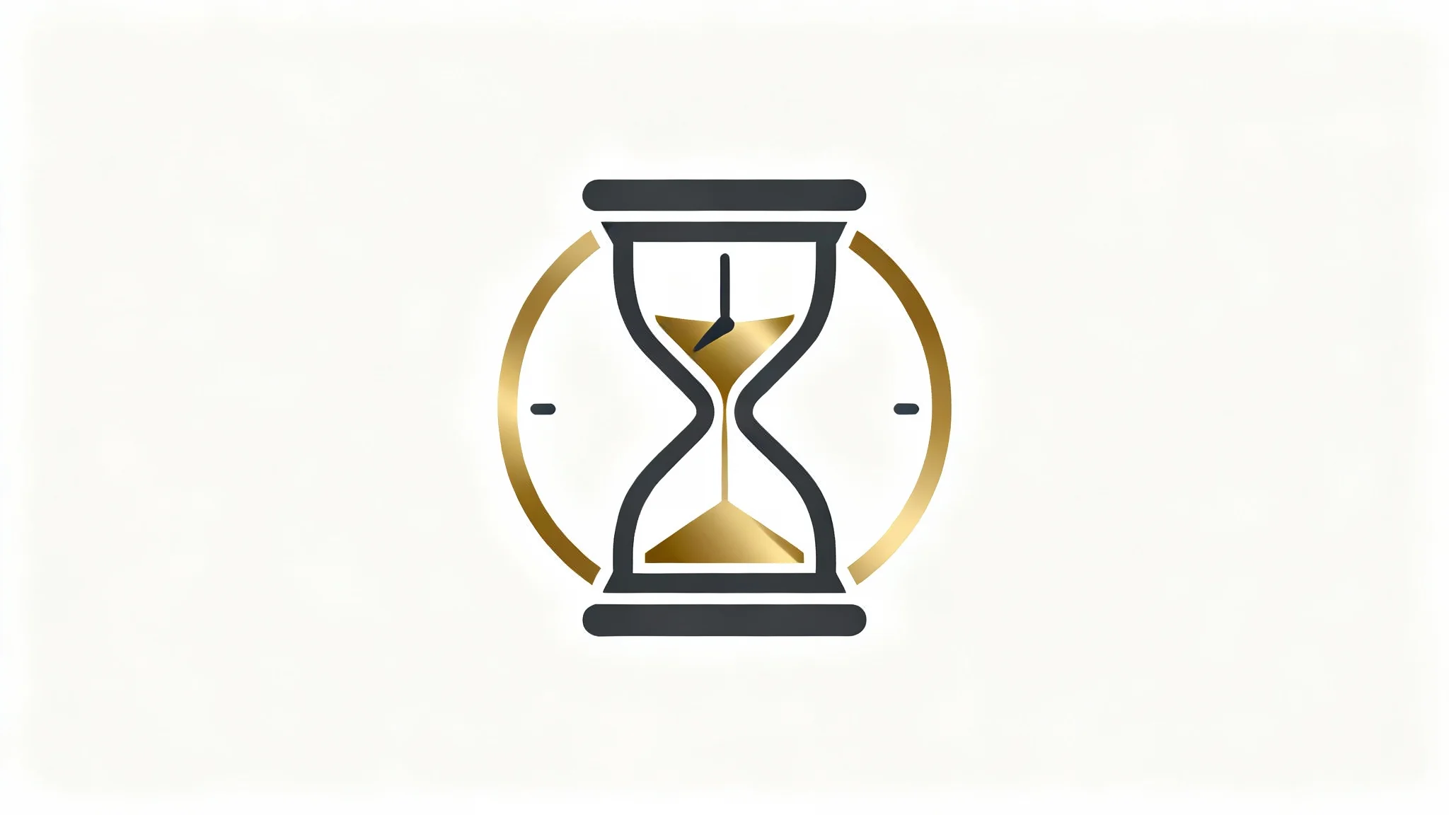 A modern, minimalist logo for a time-related concept, featuring a charcoal gray and gold abstract design combining an hourglass and a clock on a white background.