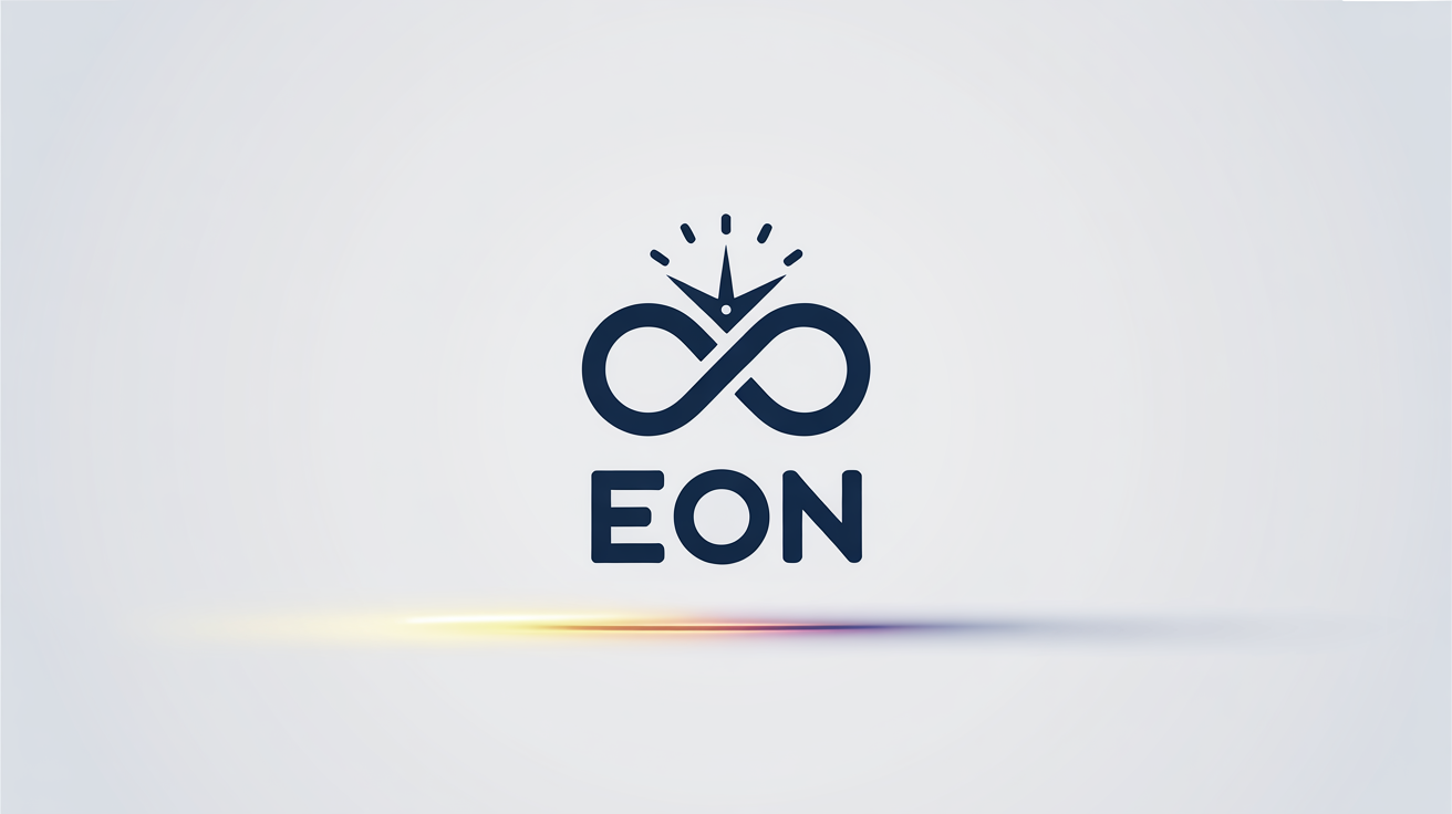 A modern, minimalist time-themed logo featuring a navy blue and gold clock face intertwined with an infinity symbol, with the word 'Eon' written below it, on a white background.