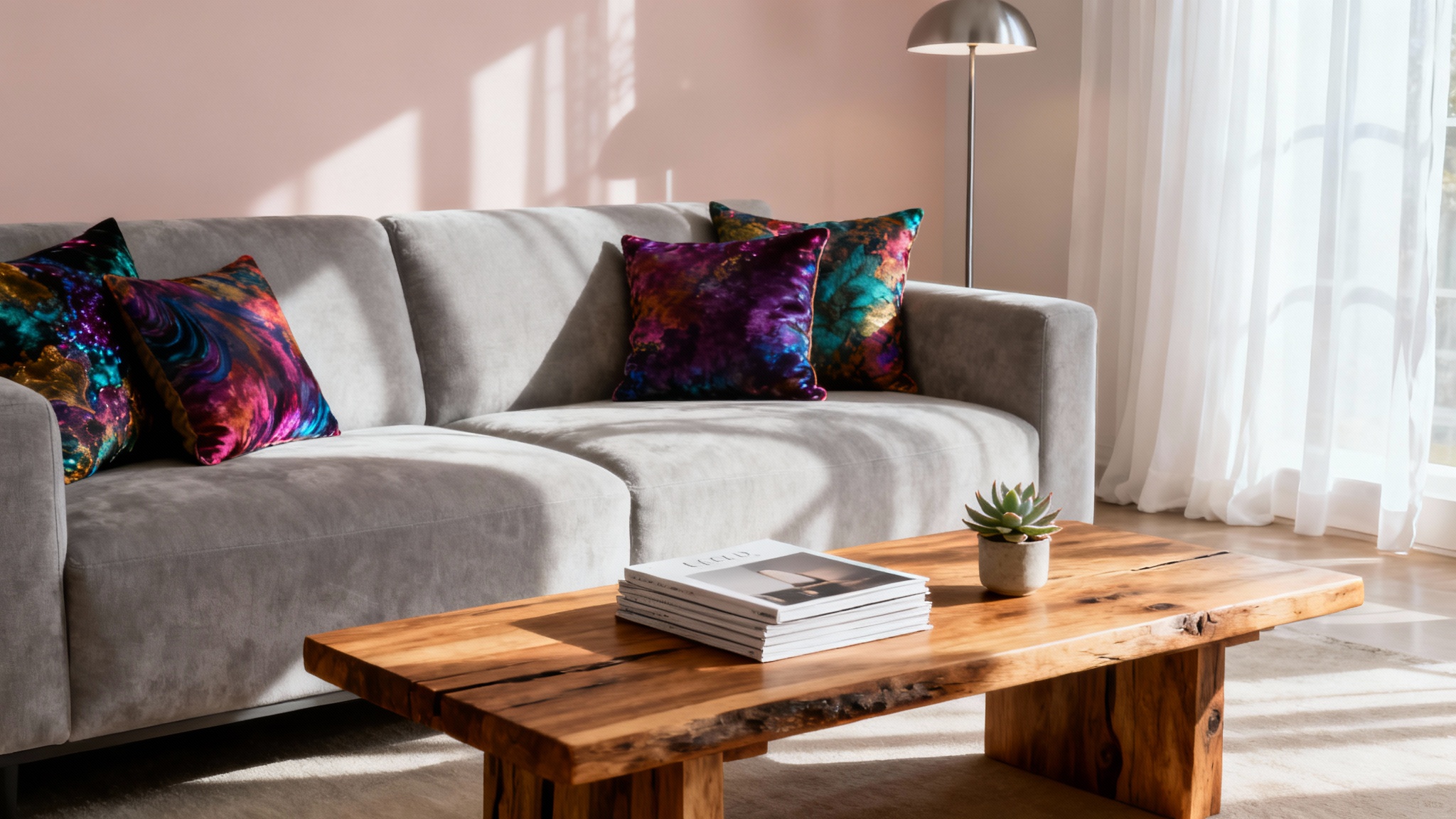 A professionally shot, magazine-quality photo of a cozy and stylish living room, featuring a gray sofa with colorful pillows, a wooden coffee table, and soft natural light from a window.