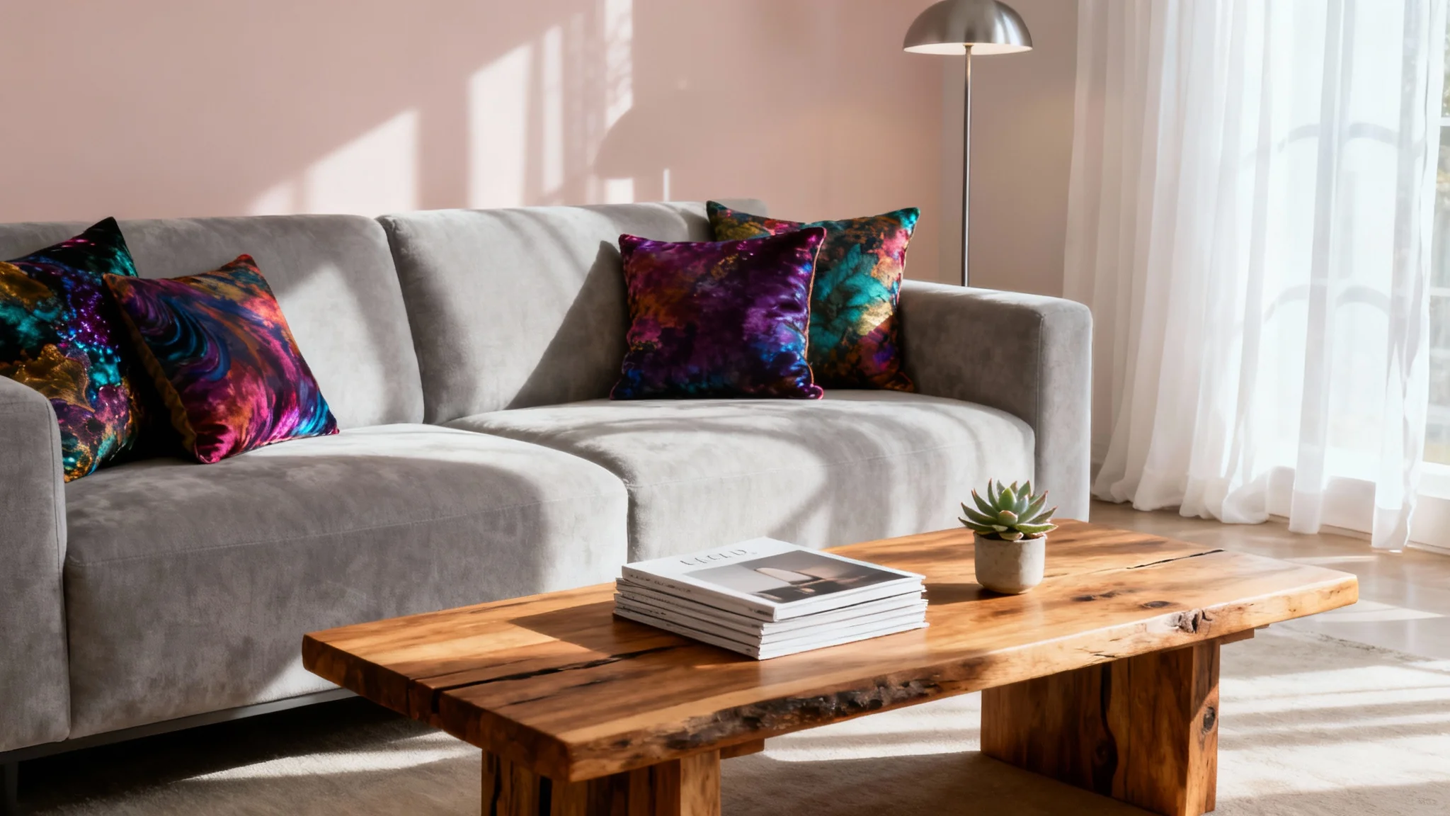 A professionally shot, magazine-quality photo of a cozy and stylish living room, featuring a gray sofa with colorful pillows, a wooden coffee table, and soft natural light from a window.