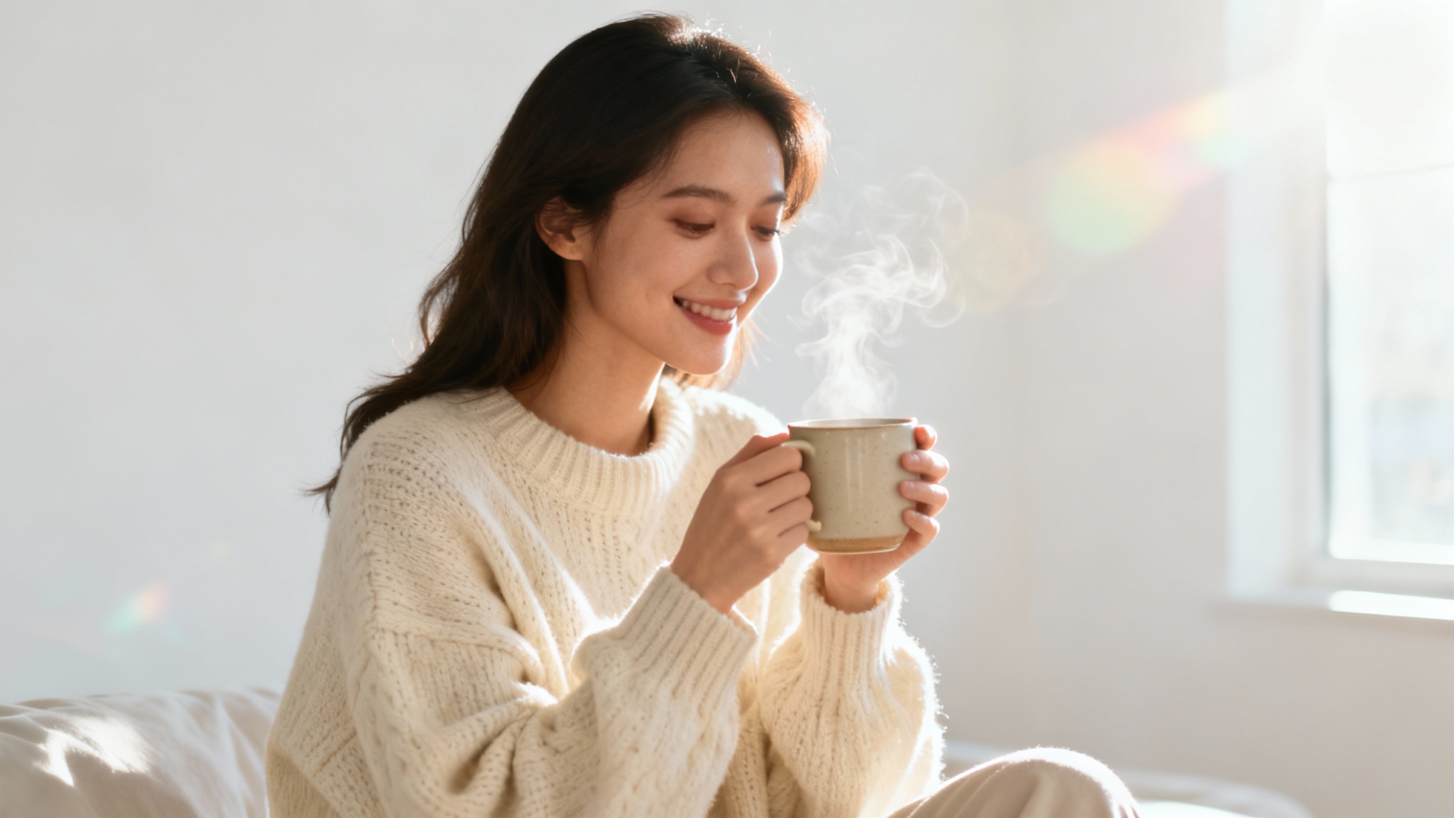 A lifestyle photograph of a smiling young woman in a cozy cream sweater, holding a warm mug of coffee in a bright, minimalist setting.