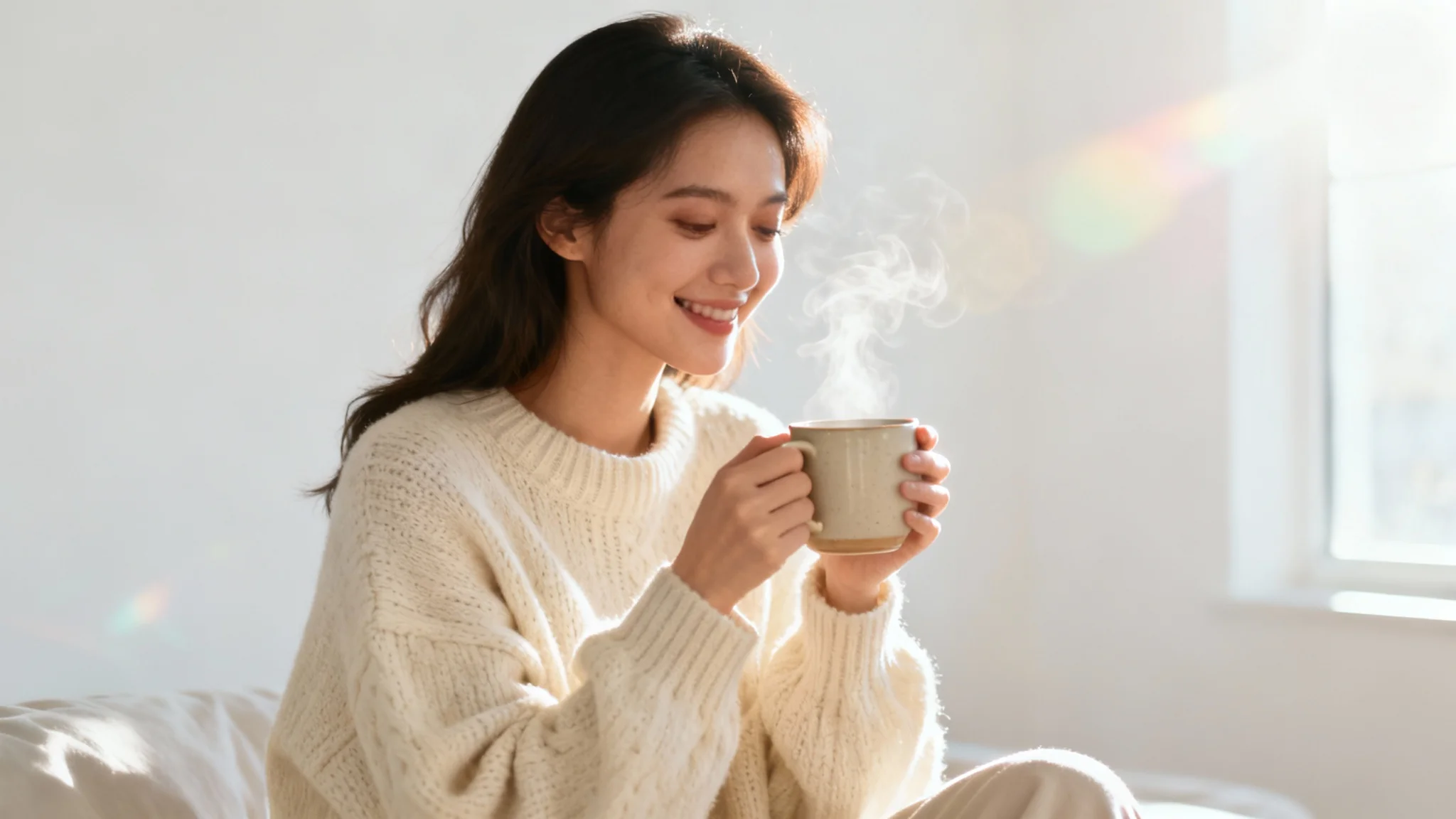 A lifestyle photograph of a smiling young woman in a cozy cream sweater, holding a warm mug of coffee in a bright, minimalist setting.
