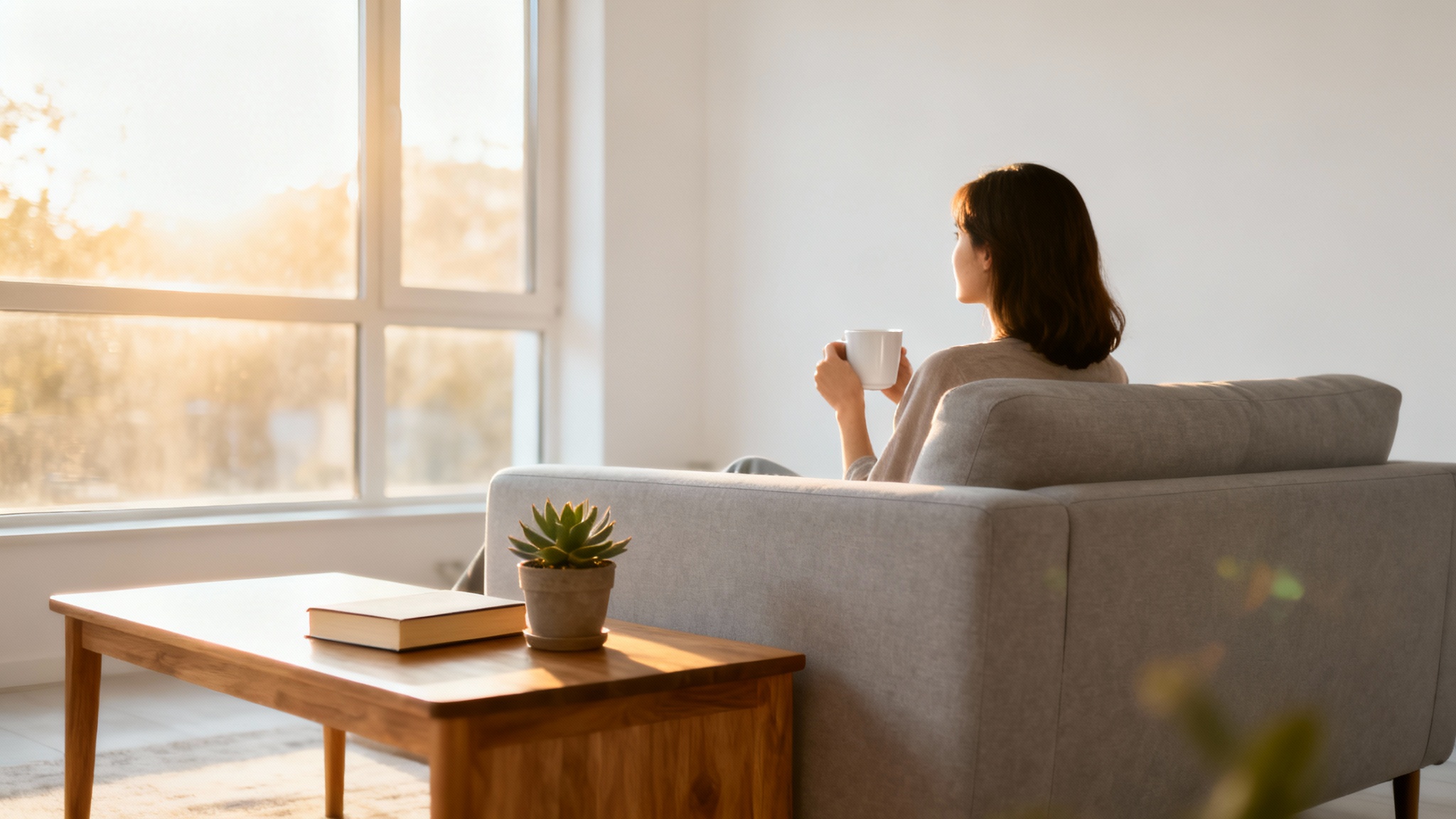 A serene lifestyle image of a woman relaxing on a sofa with a coffee mug in a bright, minimalist living room with a white background.