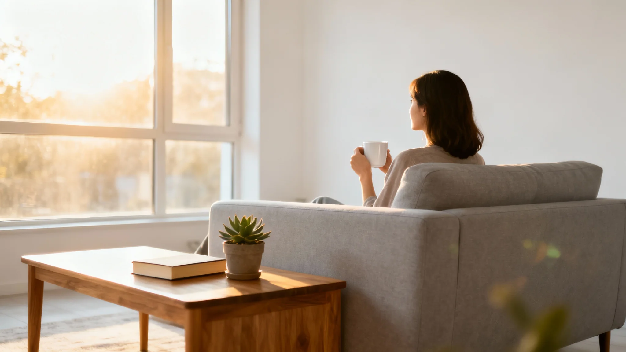 A serene lifestyle image of a woman relaxing on a sofa with a coffee mug in a bright, minimalist living room with a white background.