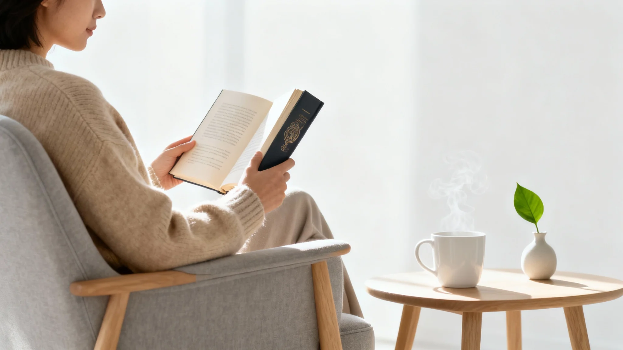 A serene lifestyle image of a person in cozy loungewear reading a book in a comfortable armchair, with a steaming mug on a side table, all set against a clean white background.