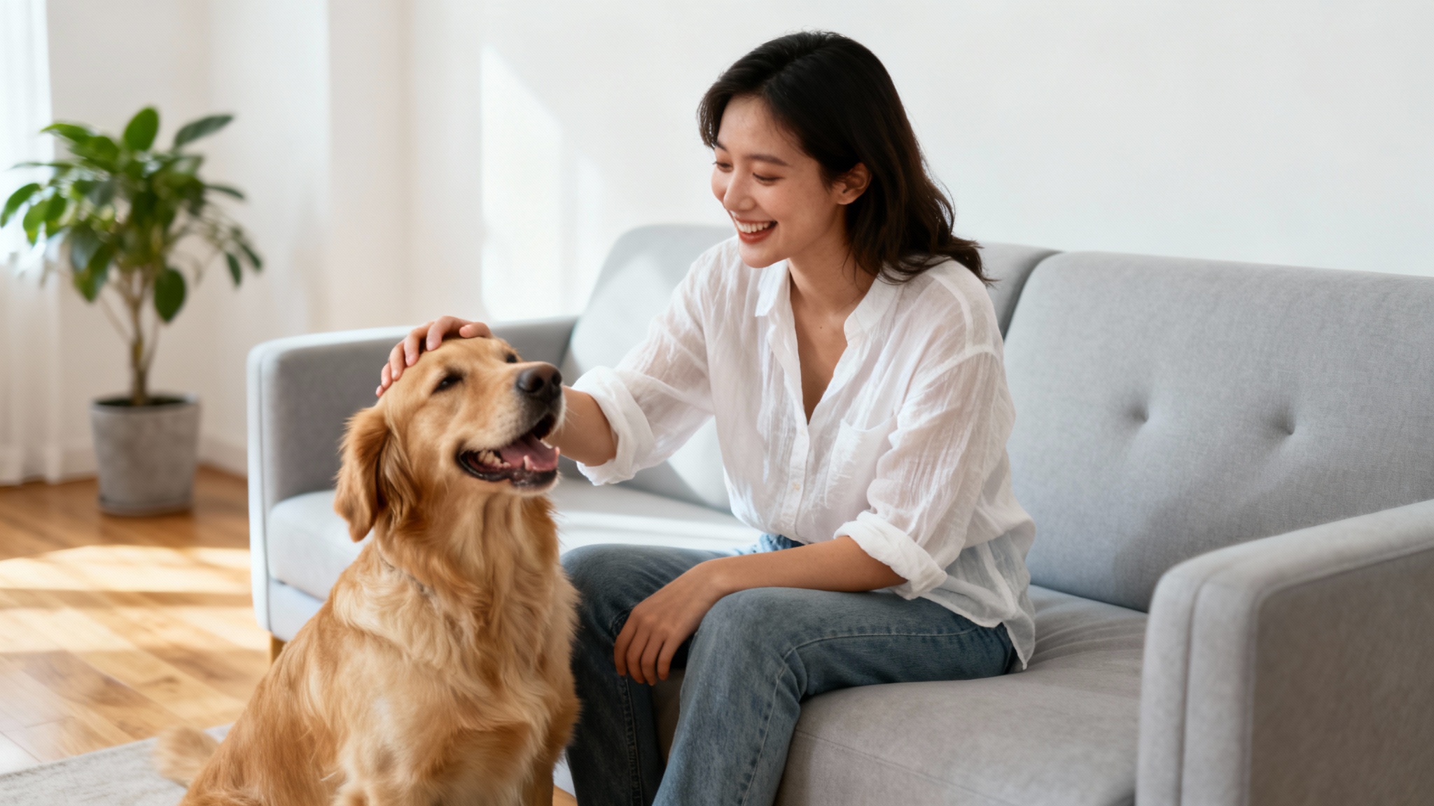 A high-quality lifestyle image of a young woman in a bright, minimalist living room, smiling as she pets her golden retriever.