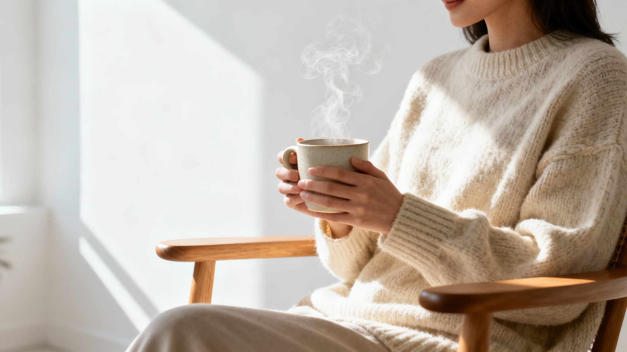 A lifestyle image showing a person in a cozy sweater holding a warm mug, representing a calm and comfortable moment. The image is on a clean white background.