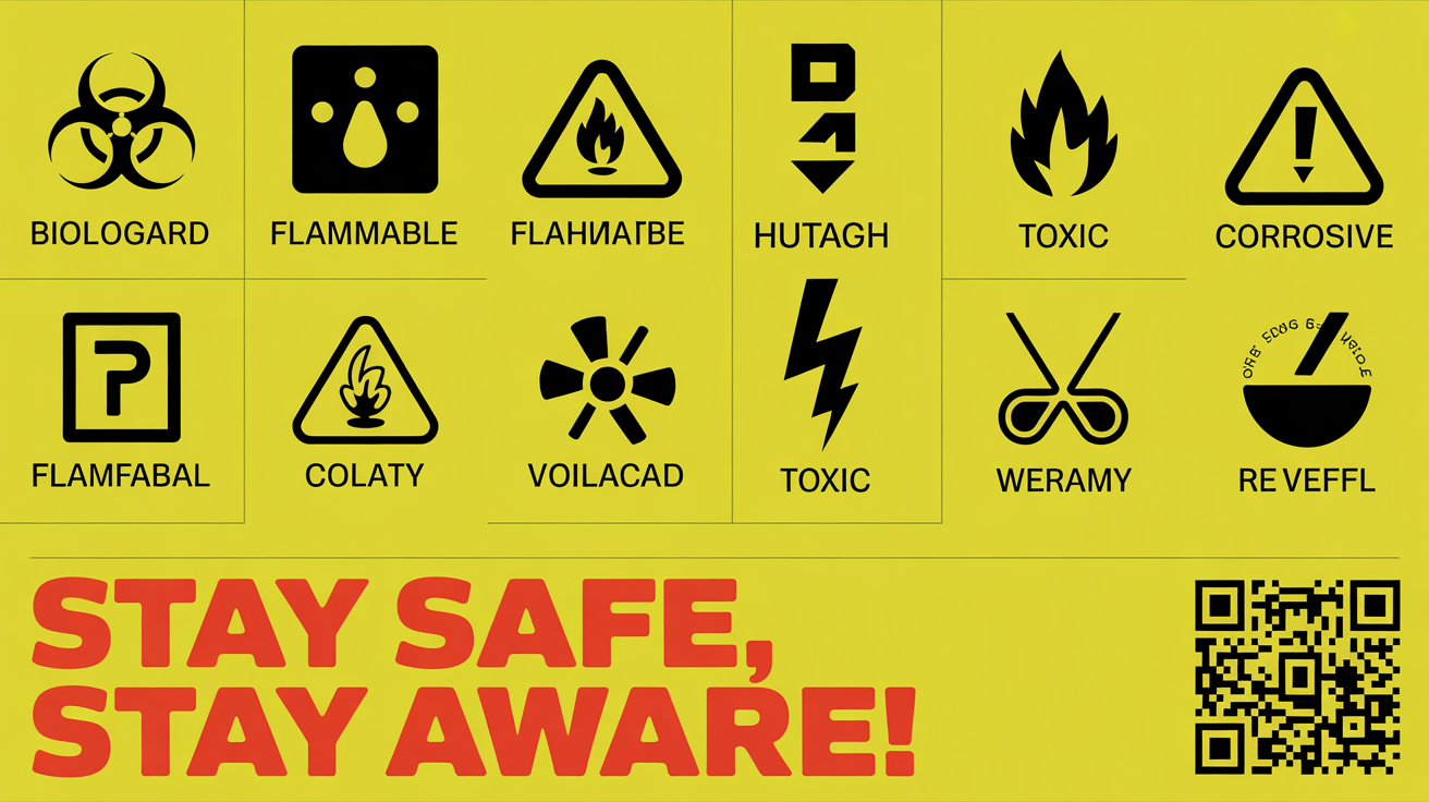 A professionally designed safety poster with a bright yellow background, showing a grid of black hazard icons like biohazard and flammable. Each icon is labeled. At the bottom, the red text 'Stay Safe, Stay Aware!' is displayed next to a QR code.