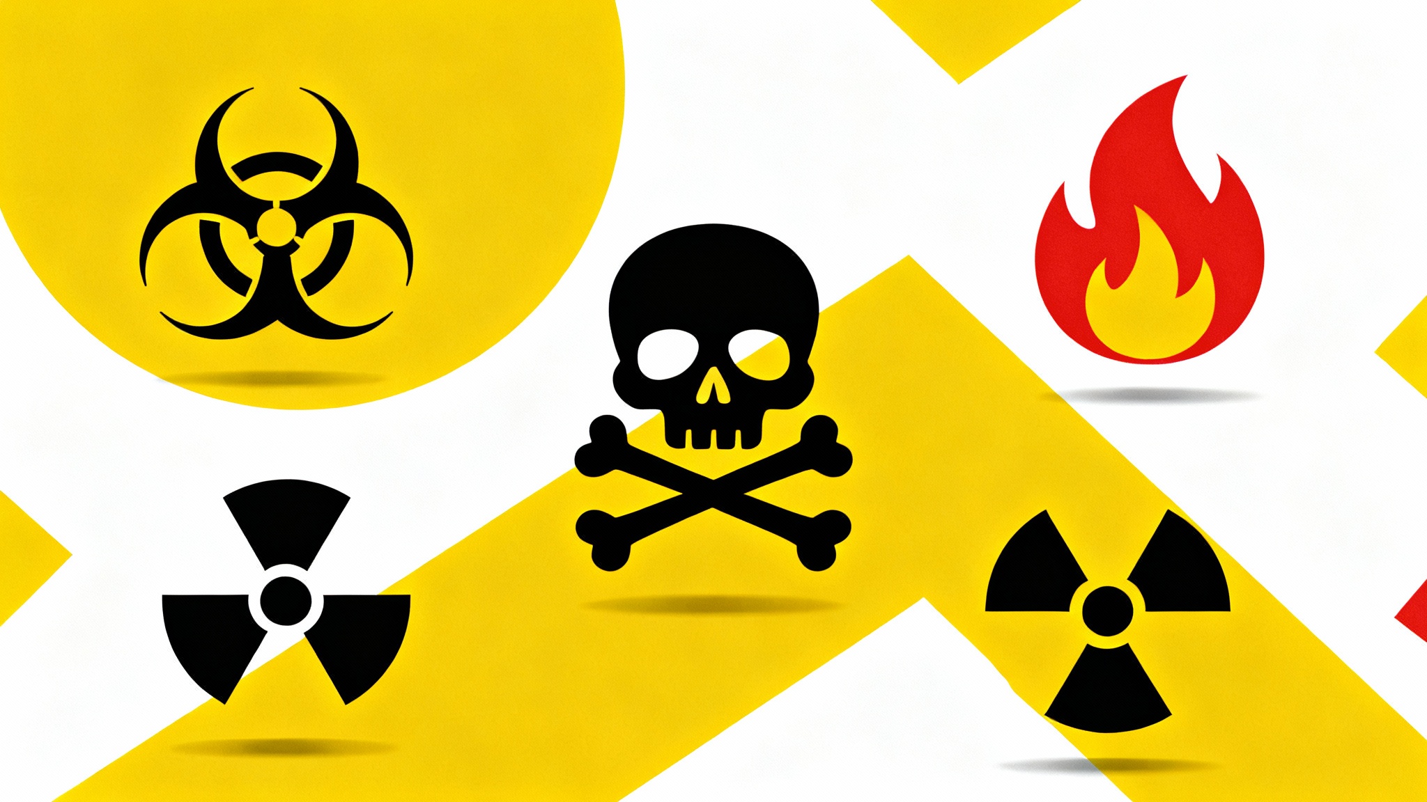 A collection of modern, stylized hazard icons in yellow, black, and red, including biohazard, toxic, and flammable symbols, arranged on a white background.