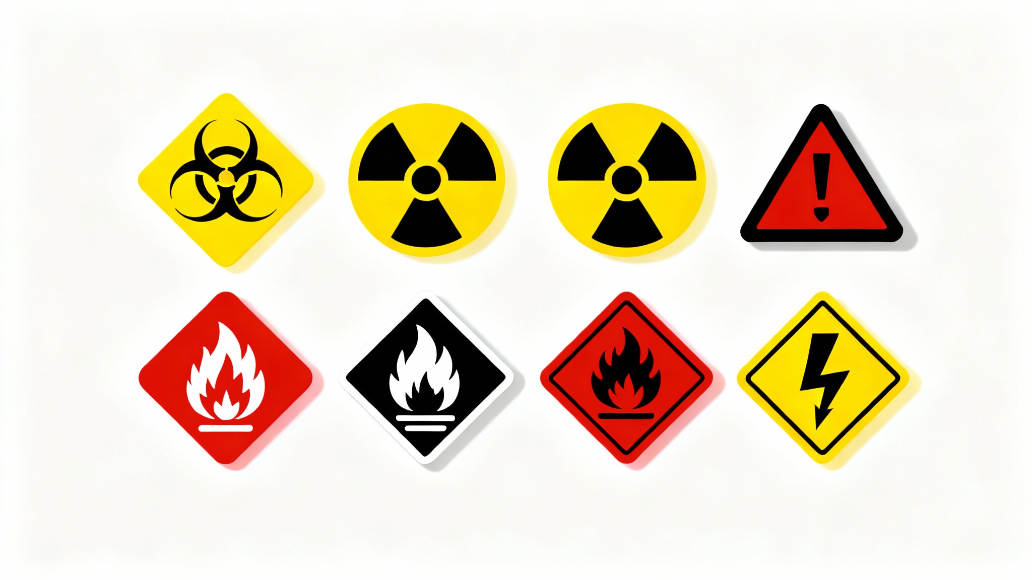 A photorealistic mockup displaying a grid of modern hazard icons, including biohazard and flammable symbols, in bold yellow, red, and black on a clean white background.