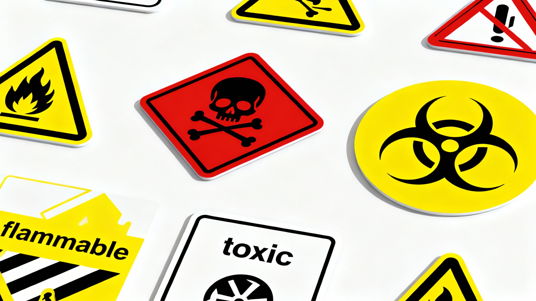 A set of modern, flat-design hazard icons, including flammable, toxic, and biohazard symbols, displayed cleanly on a white background.