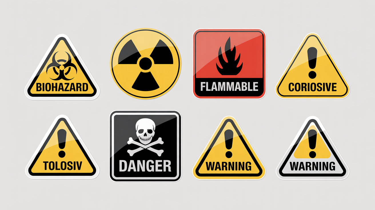 A collection of modern, glossy hazard icons, including biohazard, radiation, flammable, corrosive, toxic, and general warning symbols, arranged on a white background.